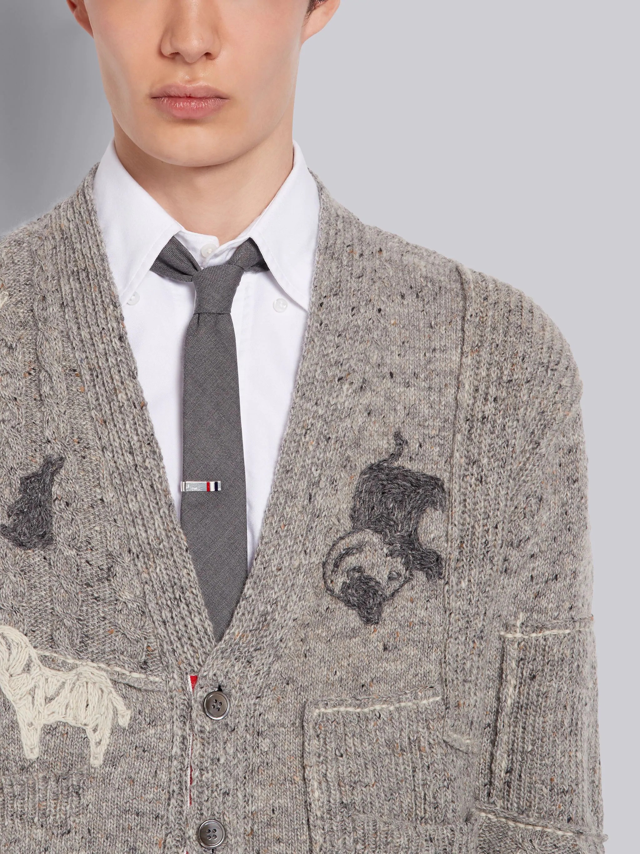 Light Grey Wool Mohair Tweed Hand Embellished Animal Icon V-Neck Cardigan - 5