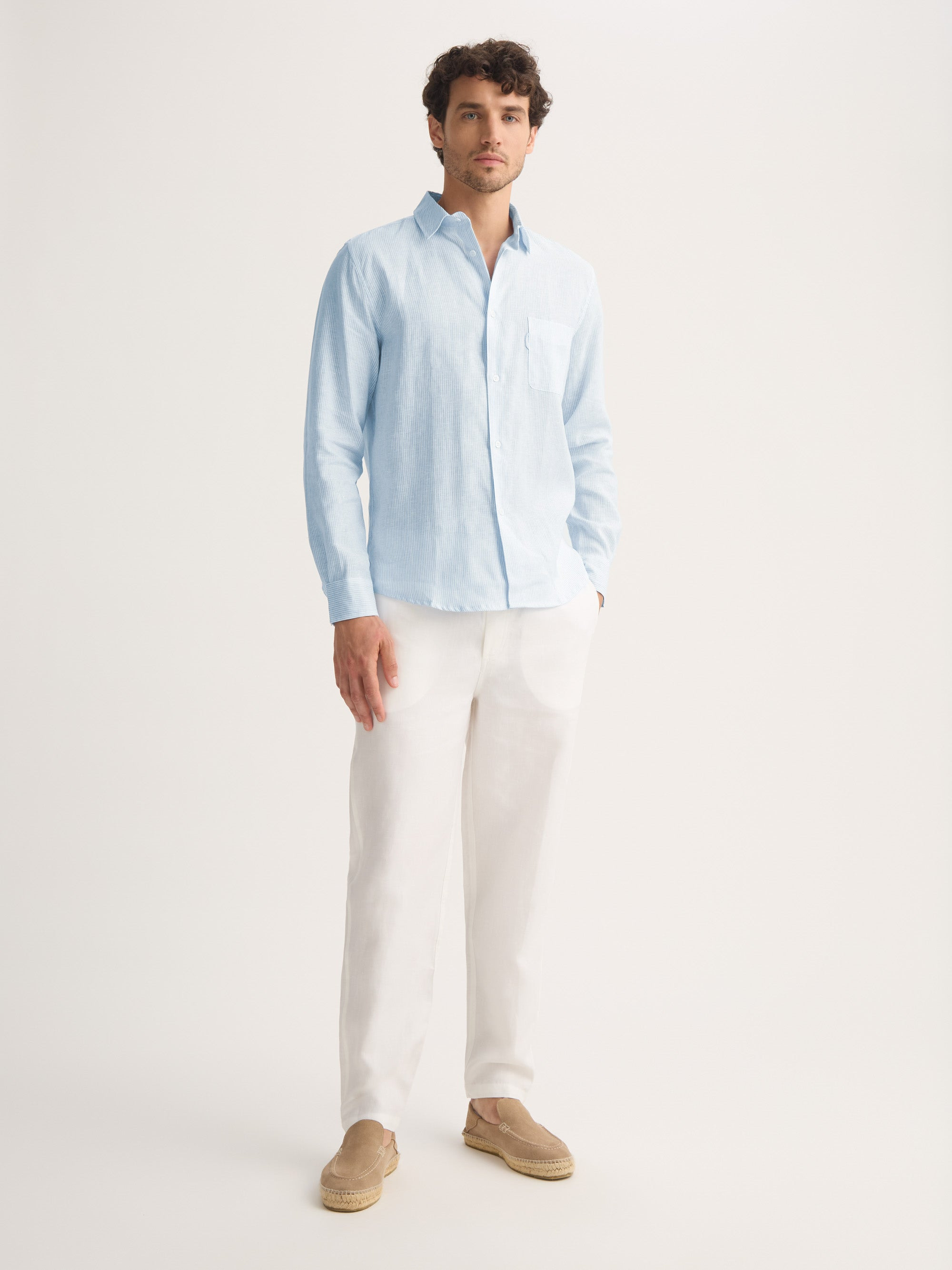 Men's Long Sleeve Shirt Malibu Woven Linen Light Blue and White Stripe - 3