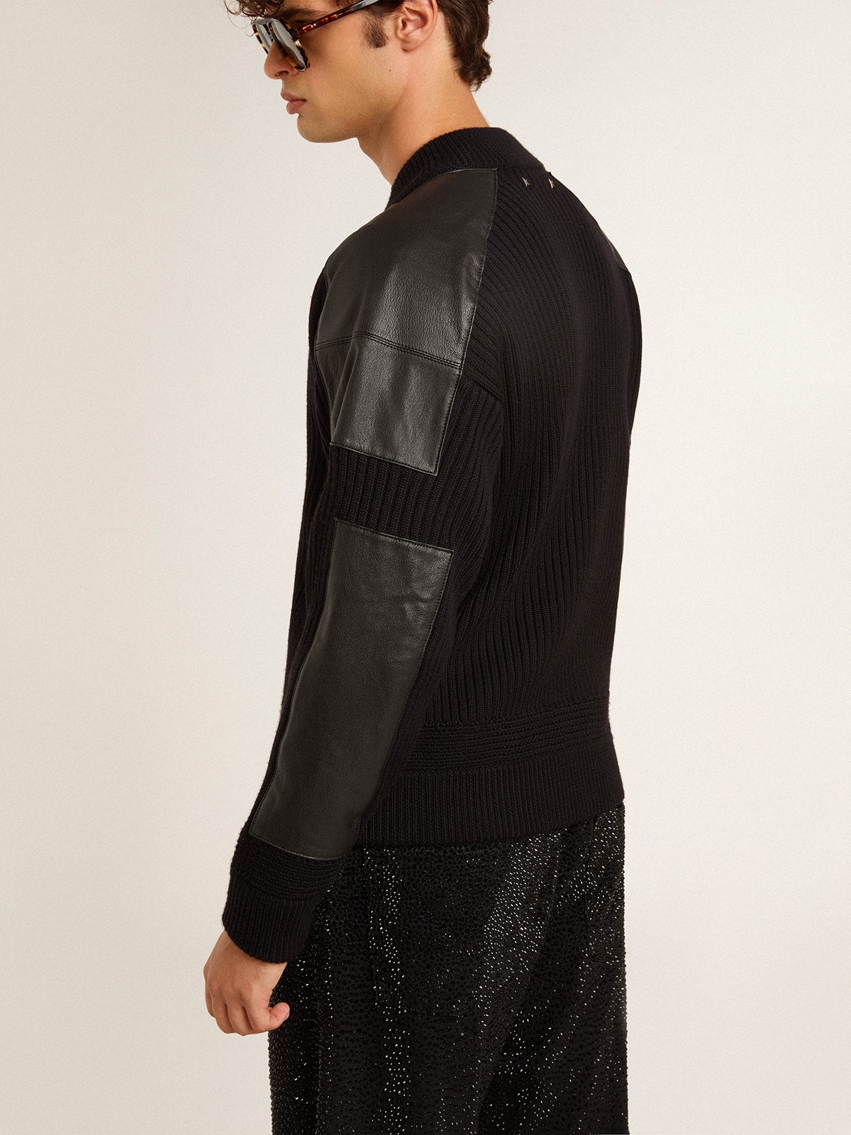 Men's black merino wool jacket with leather patches - 5