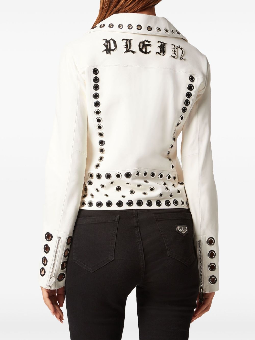 eyelet-embellished leather biker jacket - 3