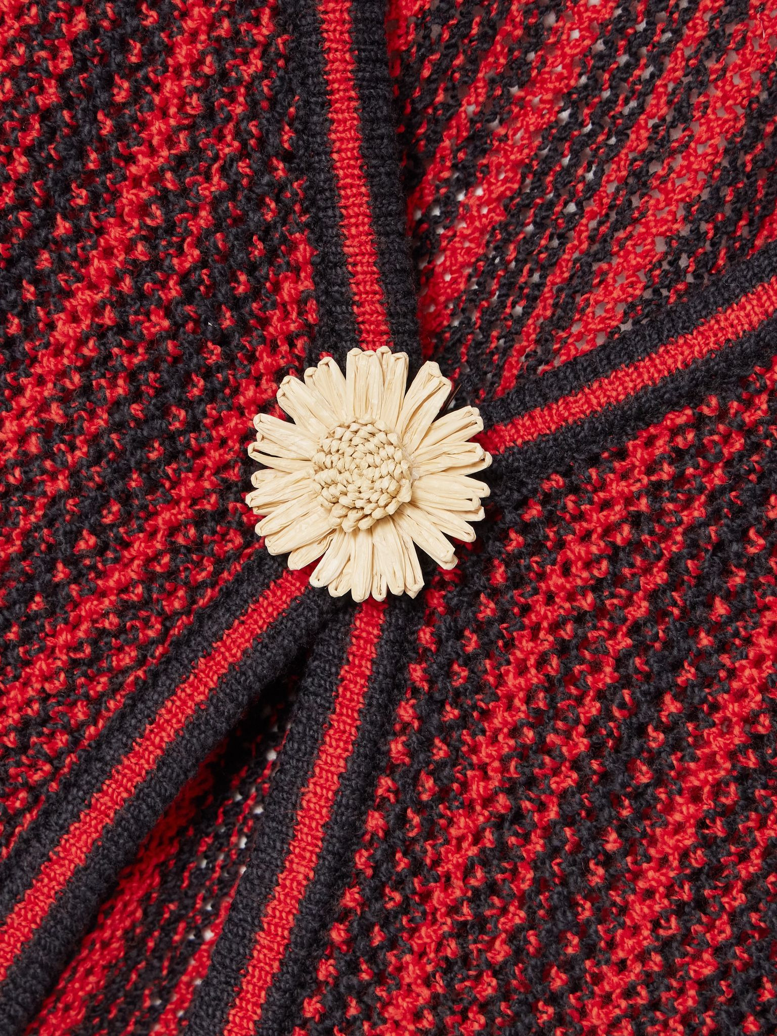 Appliquéd raffia-trimmed striped open-knit cotton cardigan Red - 4