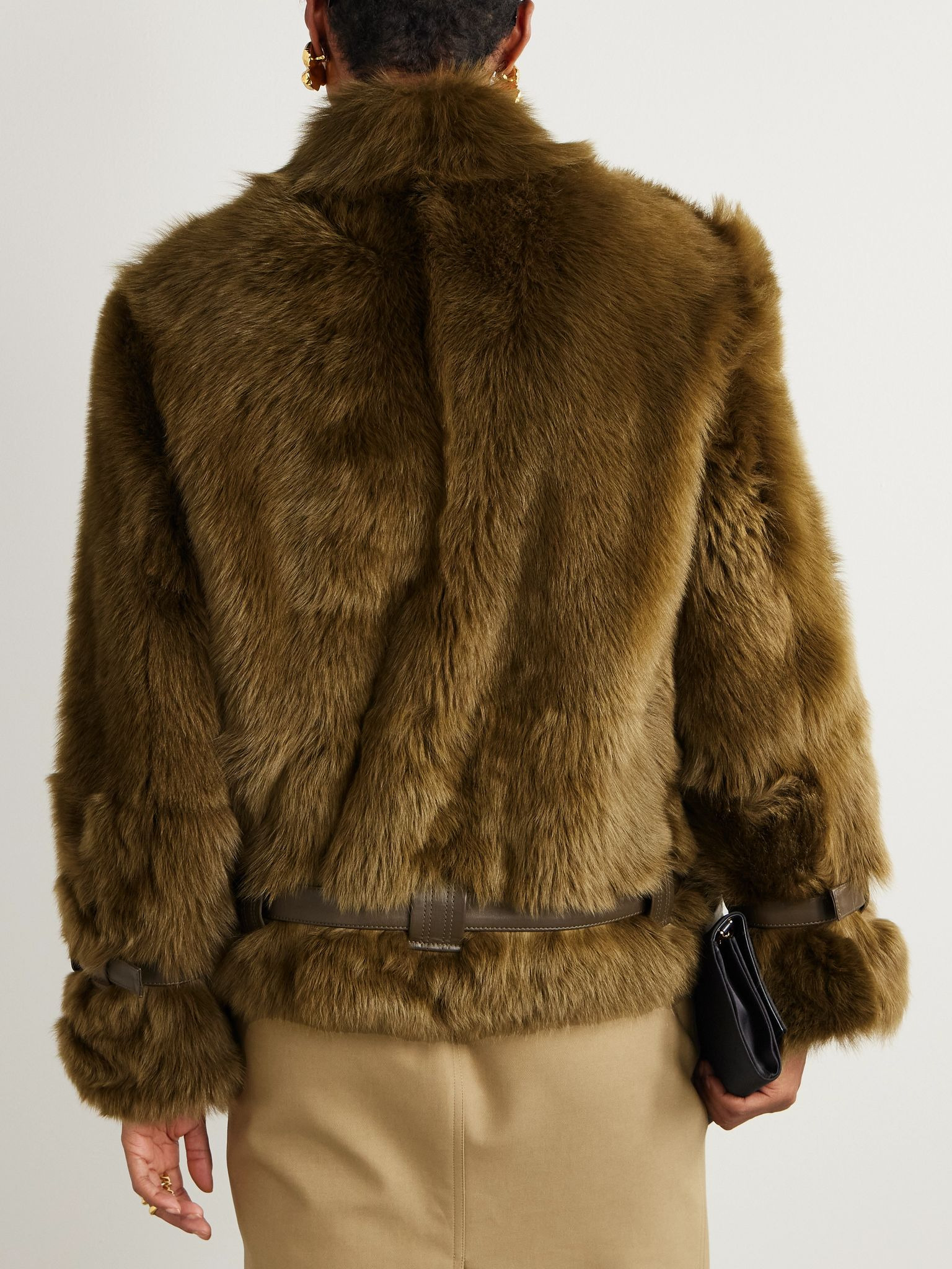 Belted padded shearling jacket Dark green - 4