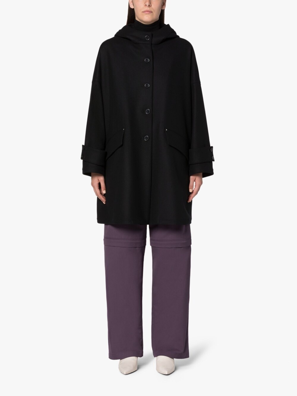 HUMBIE HOOD BLACK WOOL OVERCOAT - 3