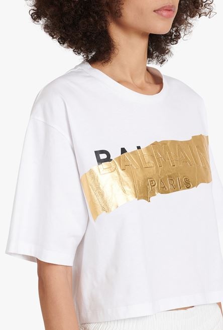 Cropped white cotton T-shirt with gold-tone Balmain logo - 6