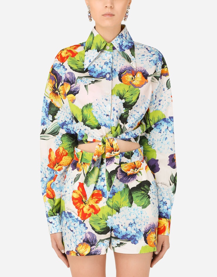 Hydrangea-print poplin shirt with tie - 1