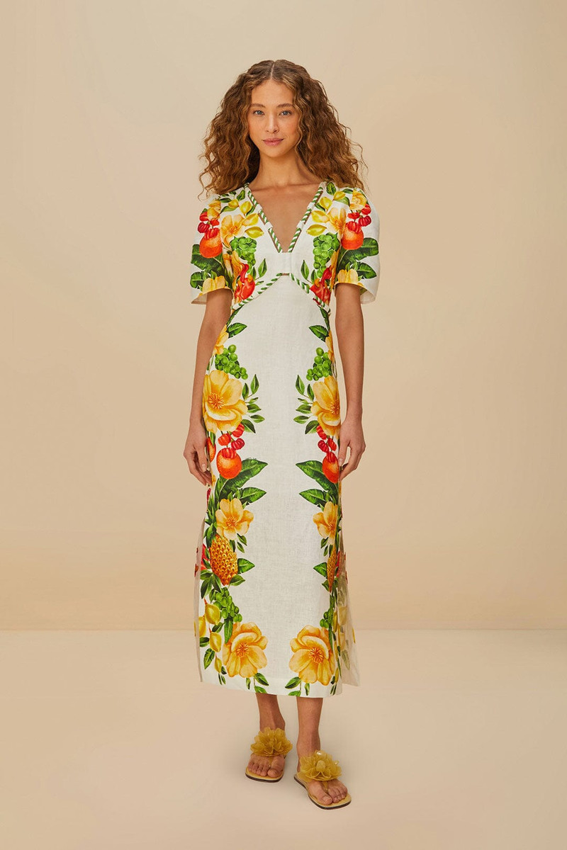 FARM RIO Off-White Picnic Flowers Euroflax™ Premium Linen Maxi Dress outlook