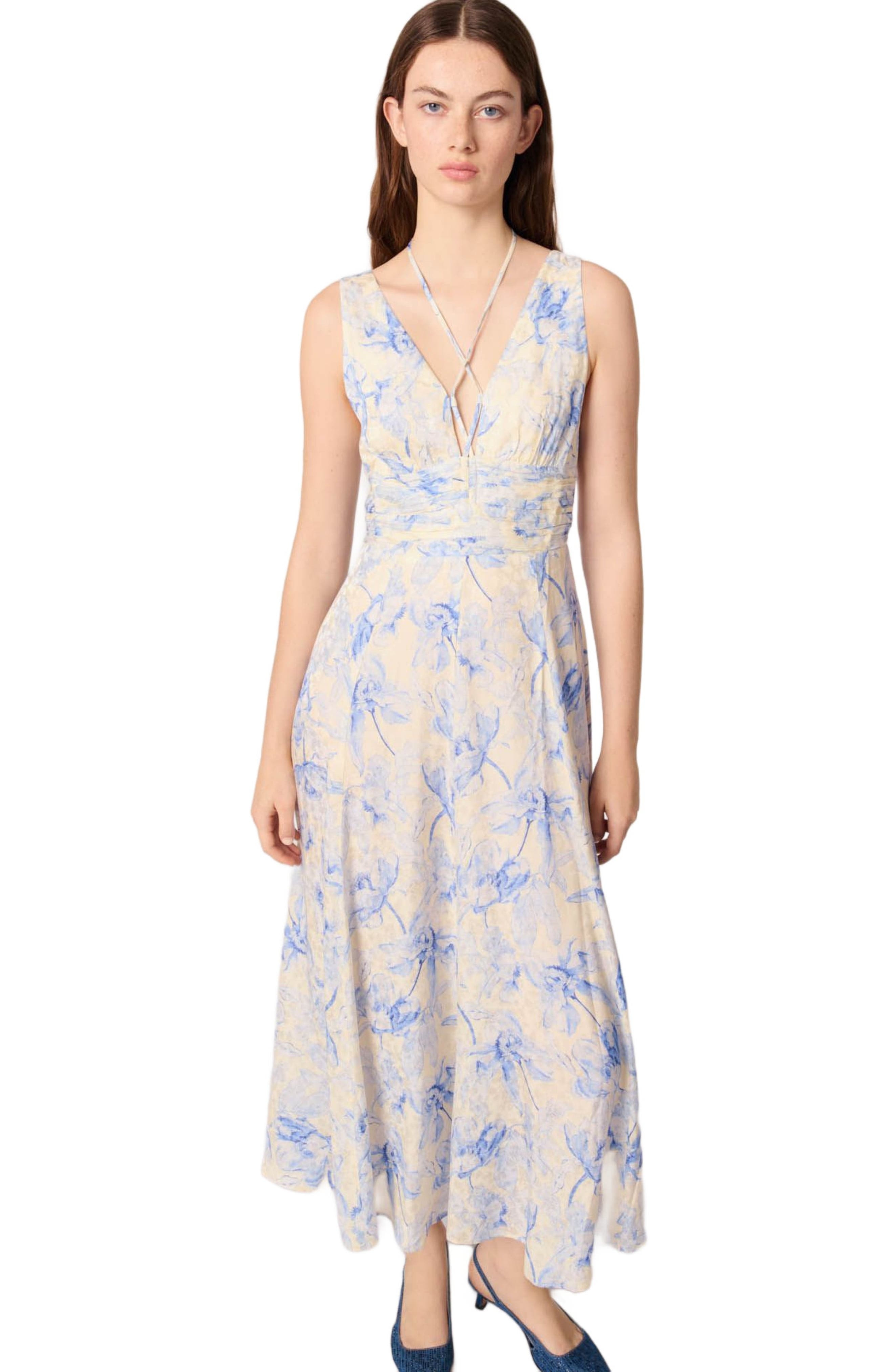 maje Patterned maxi dress with lacing in Blue Flower Print Ecru Base at Nordstrom - 8