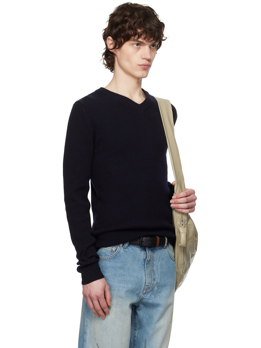 Navy Super Fine Wool Ribbed V-Neck Sweater - 2
