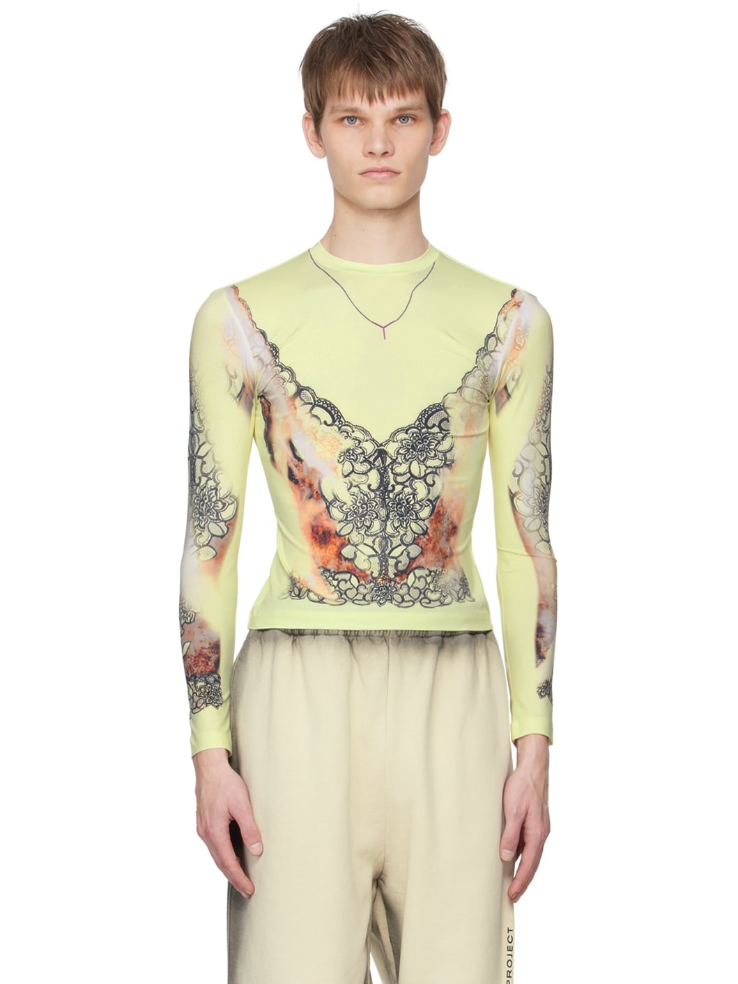 Yellow Lace Print Long Sleeve T-Shirt - 1