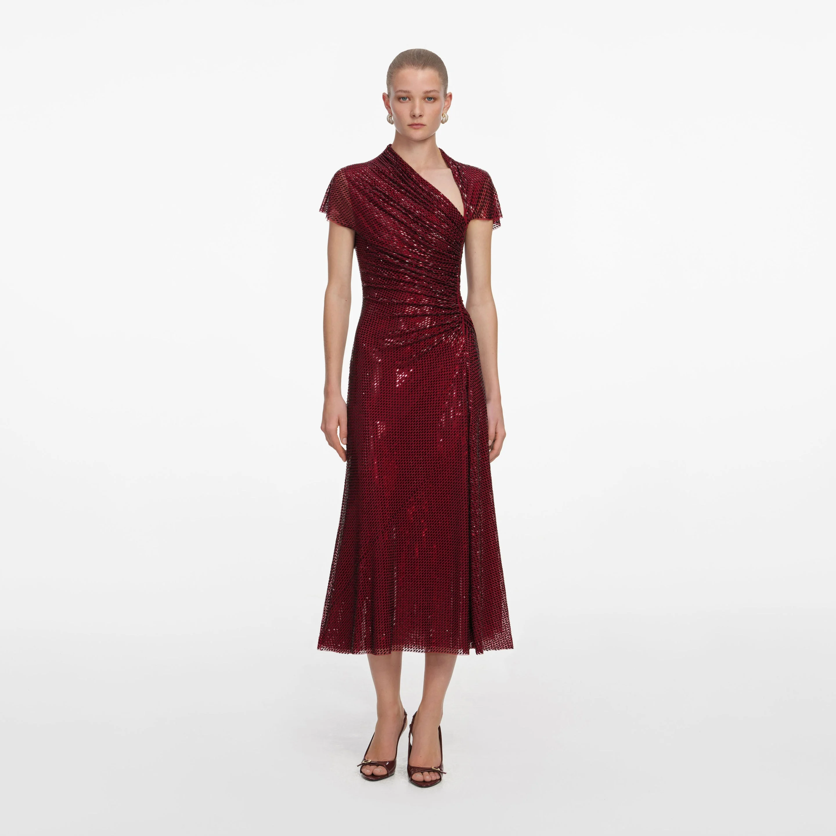 Red Rhinestone Drape Midi Dress - 1