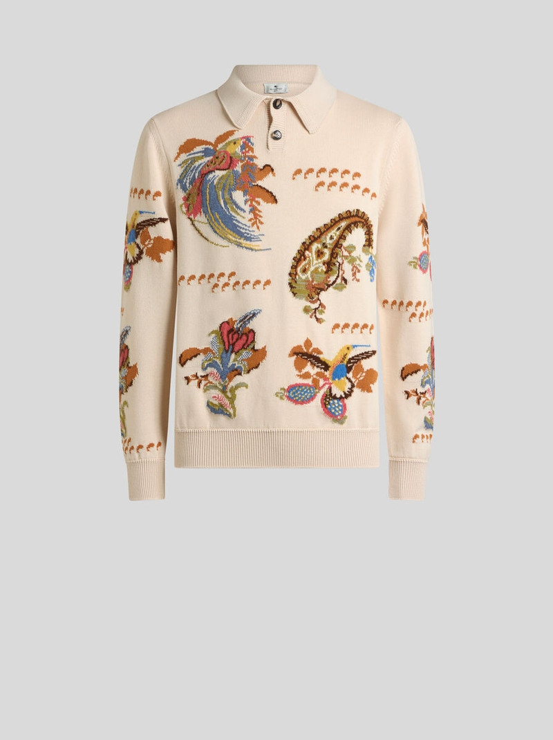 COTTON-BLEND JACQUARD POLO SWEATER WITH INLAYS 1