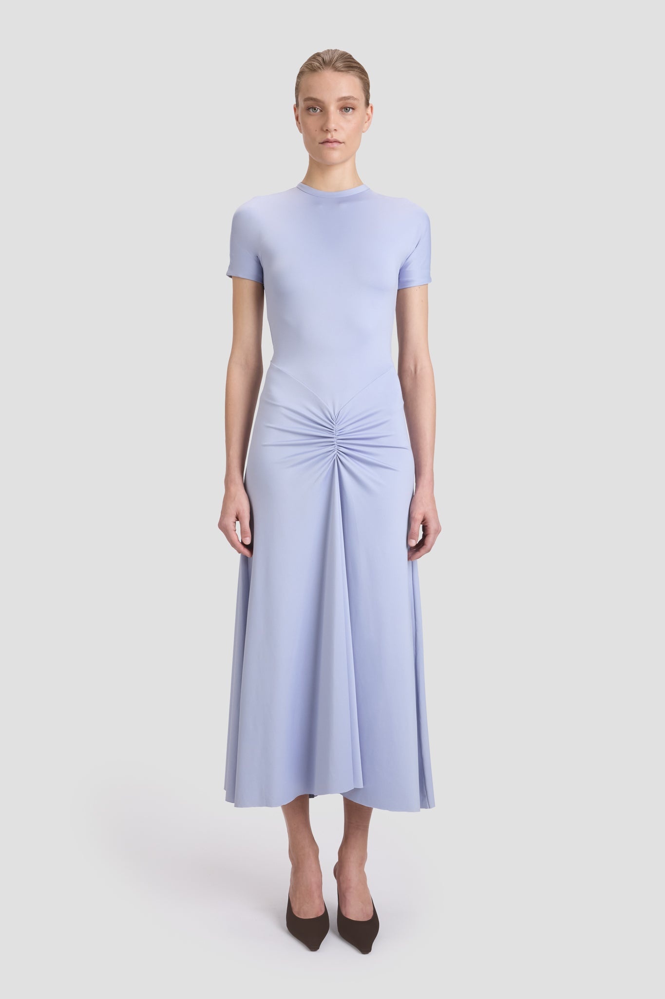 Gathered Waist T-Shirt Midi Dress In Delphinium Blue - 2