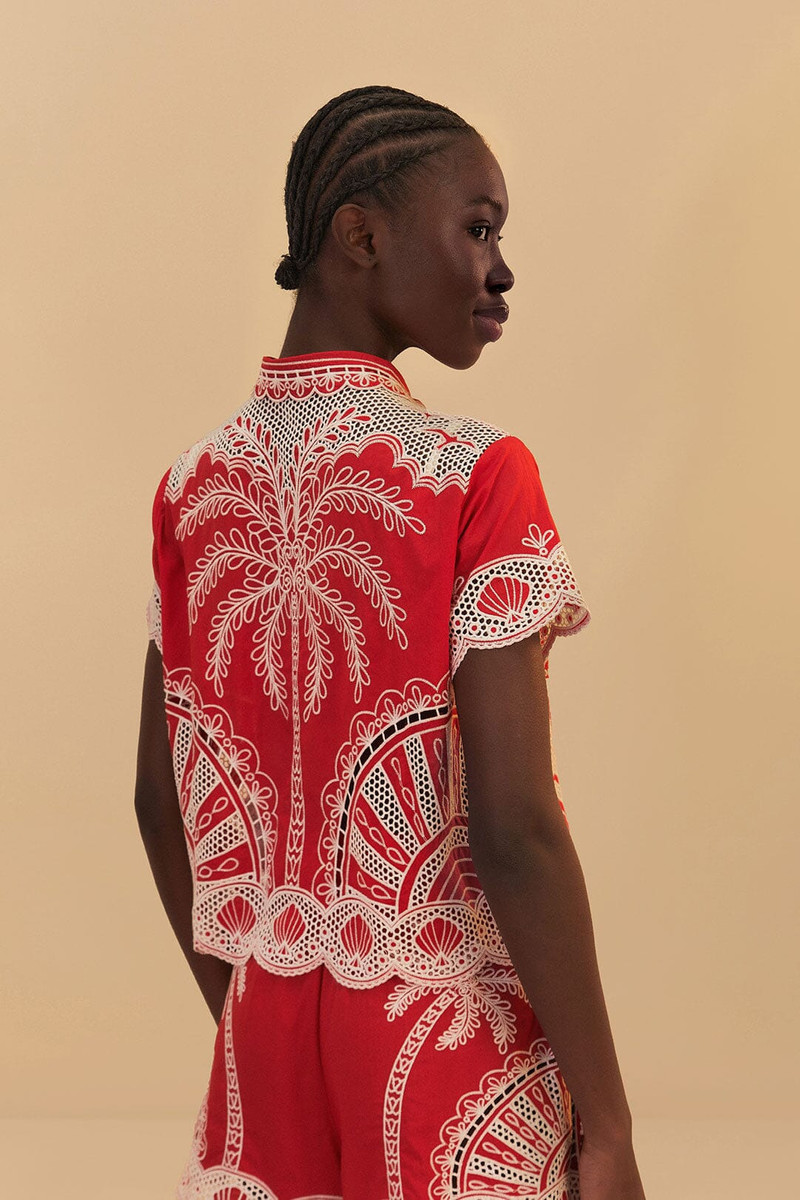Red Palm Trees Embroidered Organic Cotton Short 4