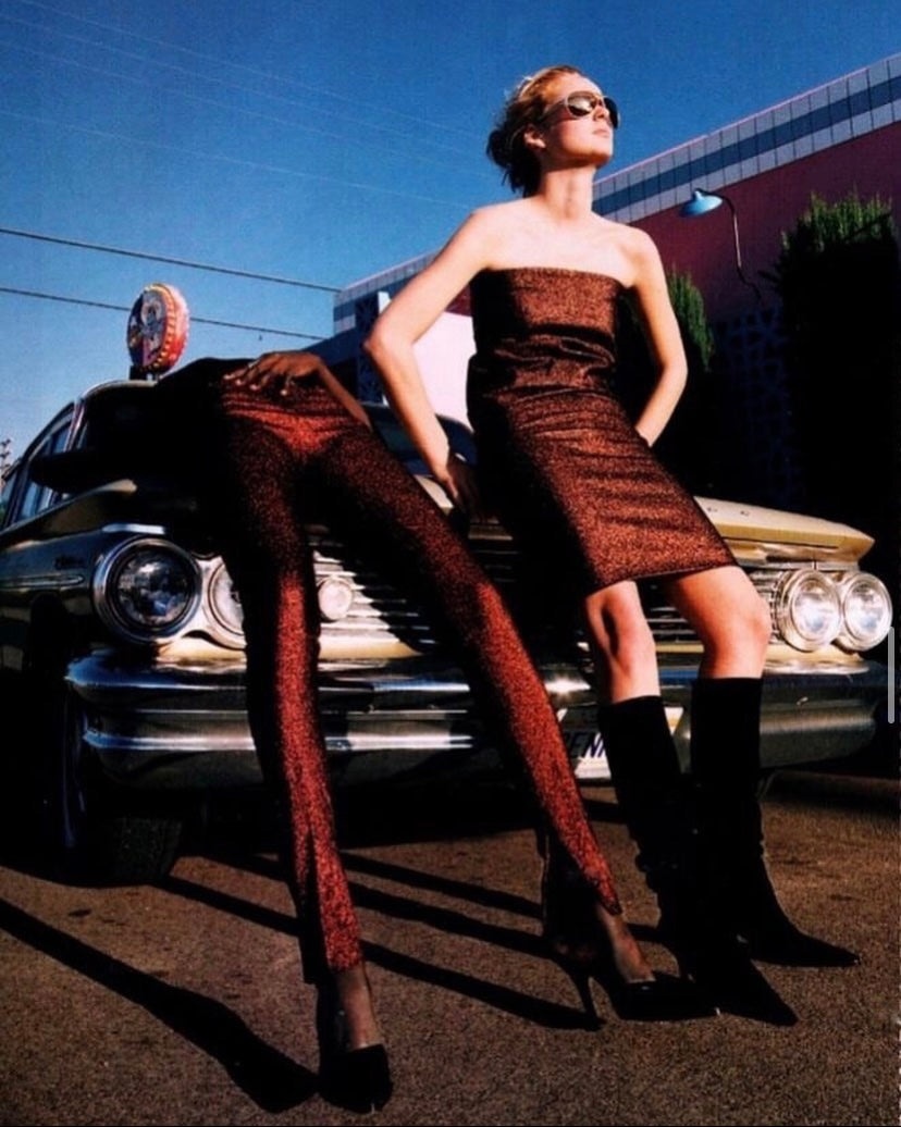 UNALTERED Gucci Spring 1997 Tom Ford Metallic Dark Brown Glitter Lurex Pants 40 - 18