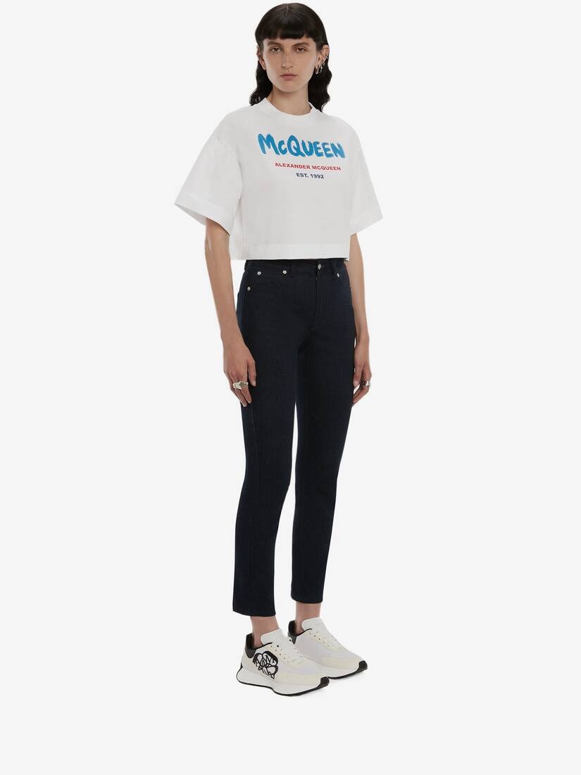 Mcqueen Graffiti Cropped T-shirt in White/multicolour - 3
