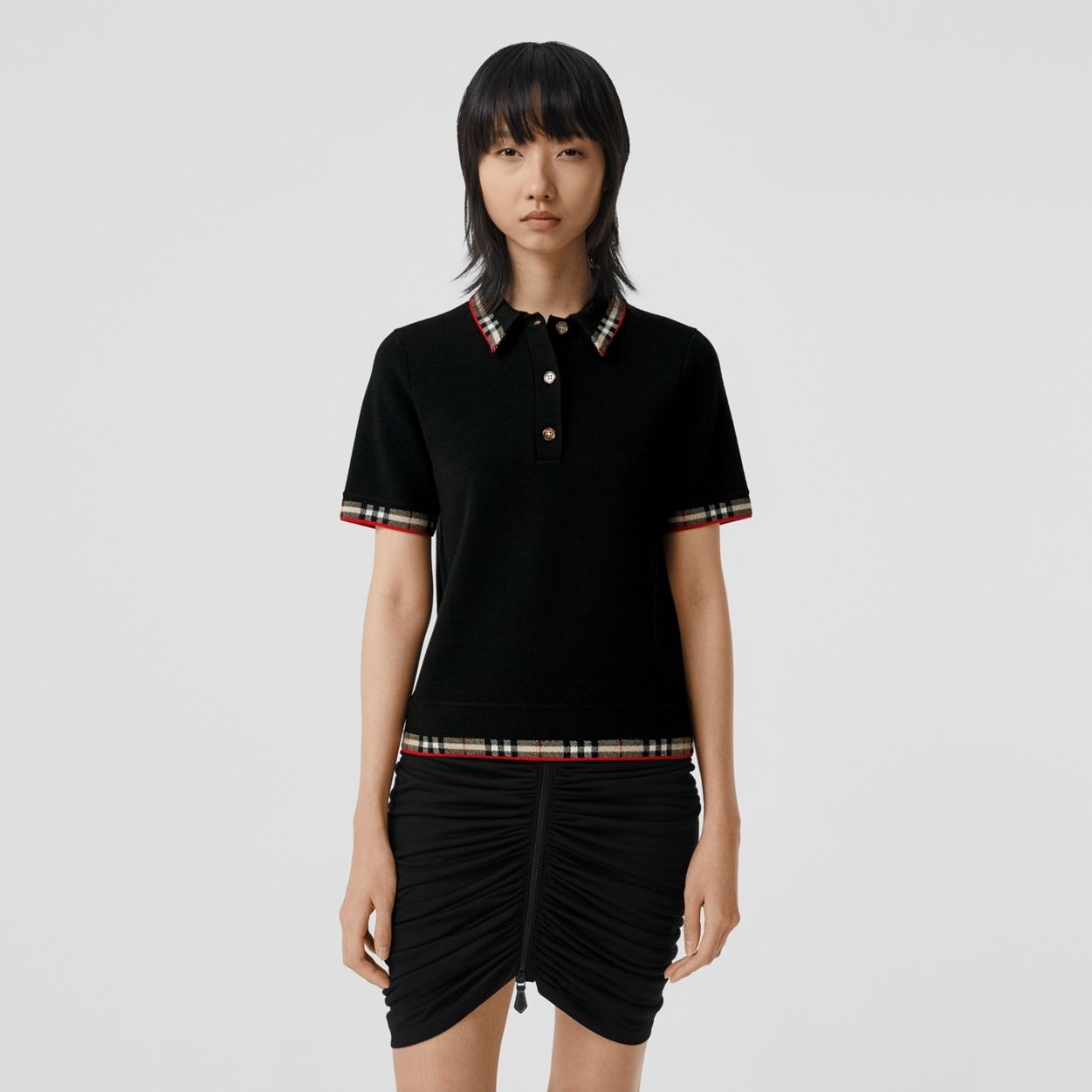 Check Trim Wool Blend Polo Shirt - 2