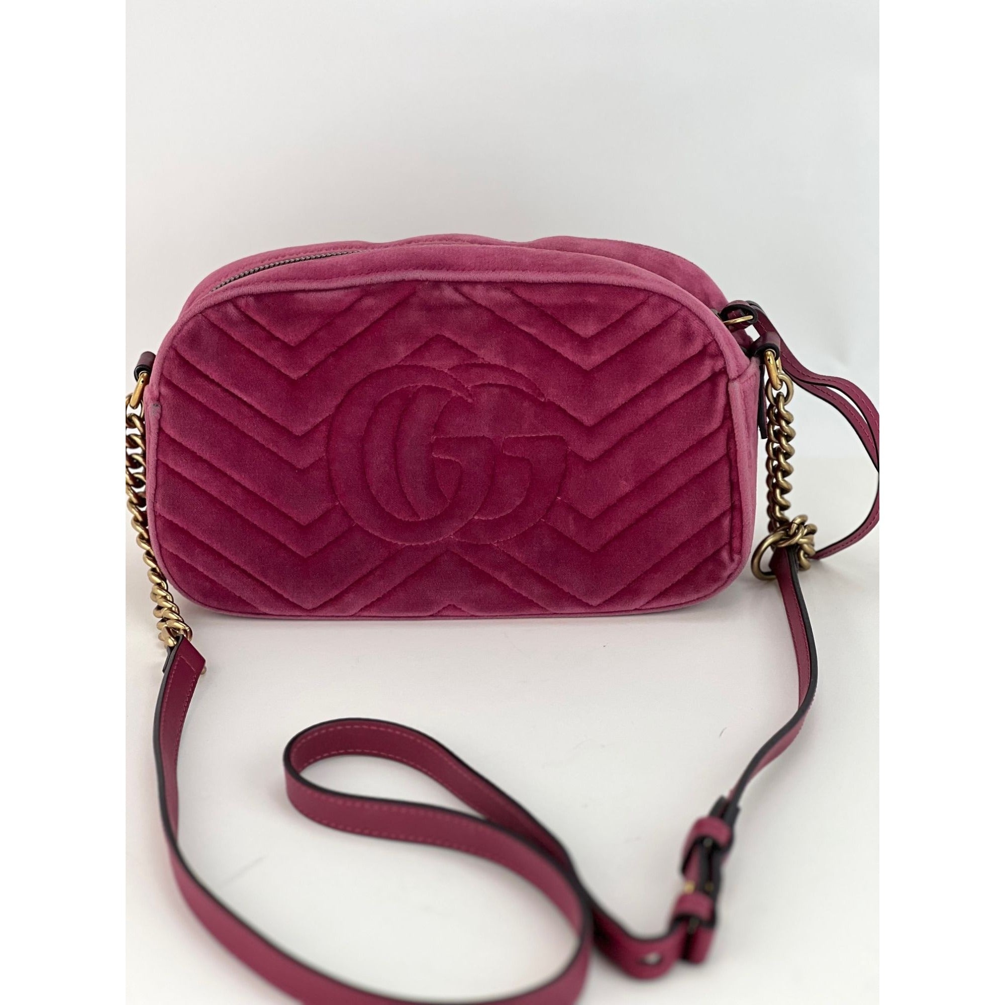 GUCCI Velvet Matelasse GG Marmont Chain Shoulder Bag Light Raspberry Rose