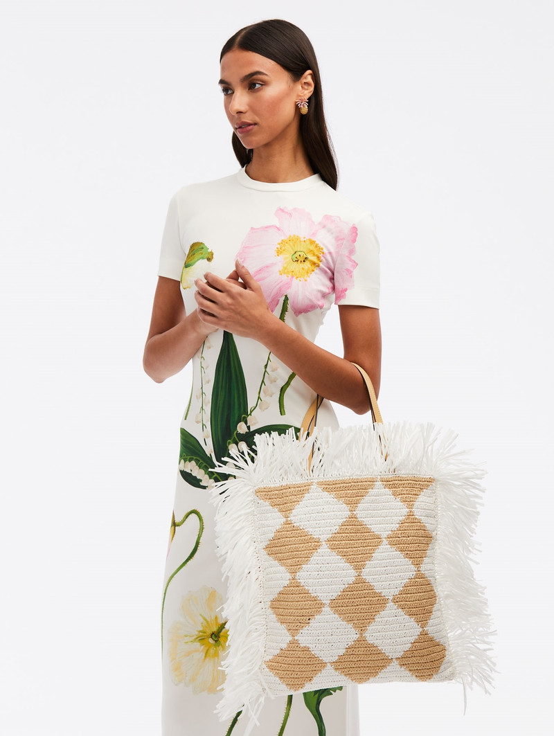 Oscar de la Renta CHECKED RAFFIA CROCHET FLAT TOTE outlook