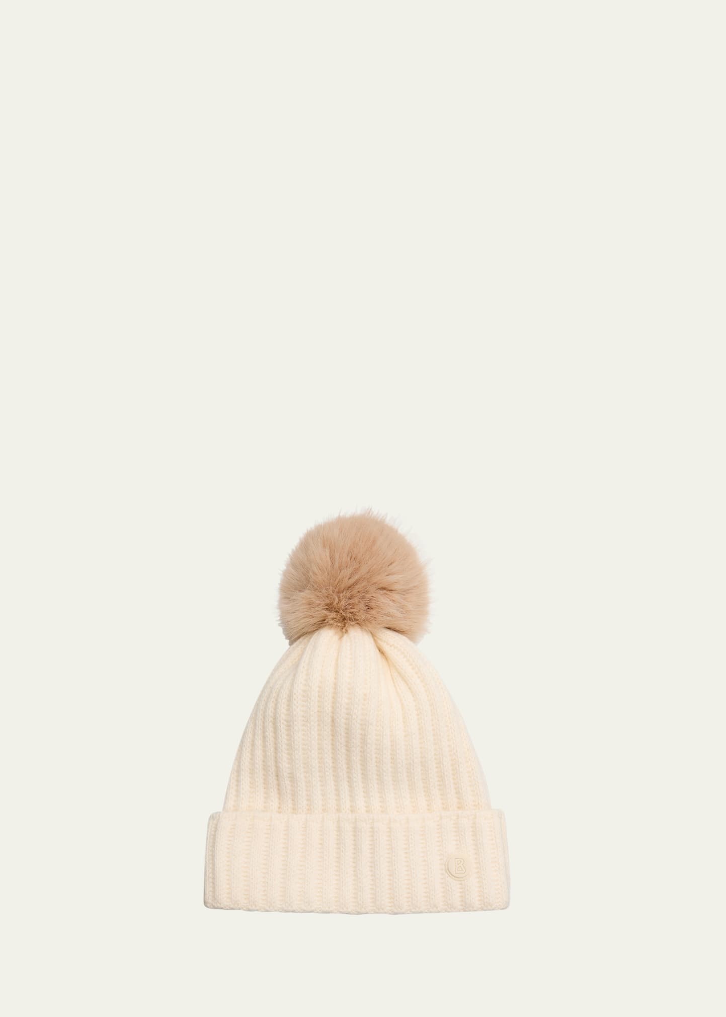 Ribbed Beanie with Faux Fur Pom - 1