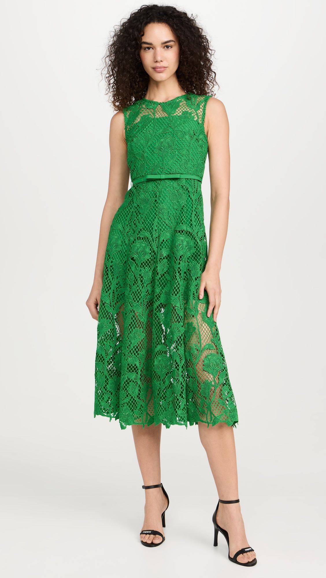 Green Lace Sleeveless Midi Dress - 1