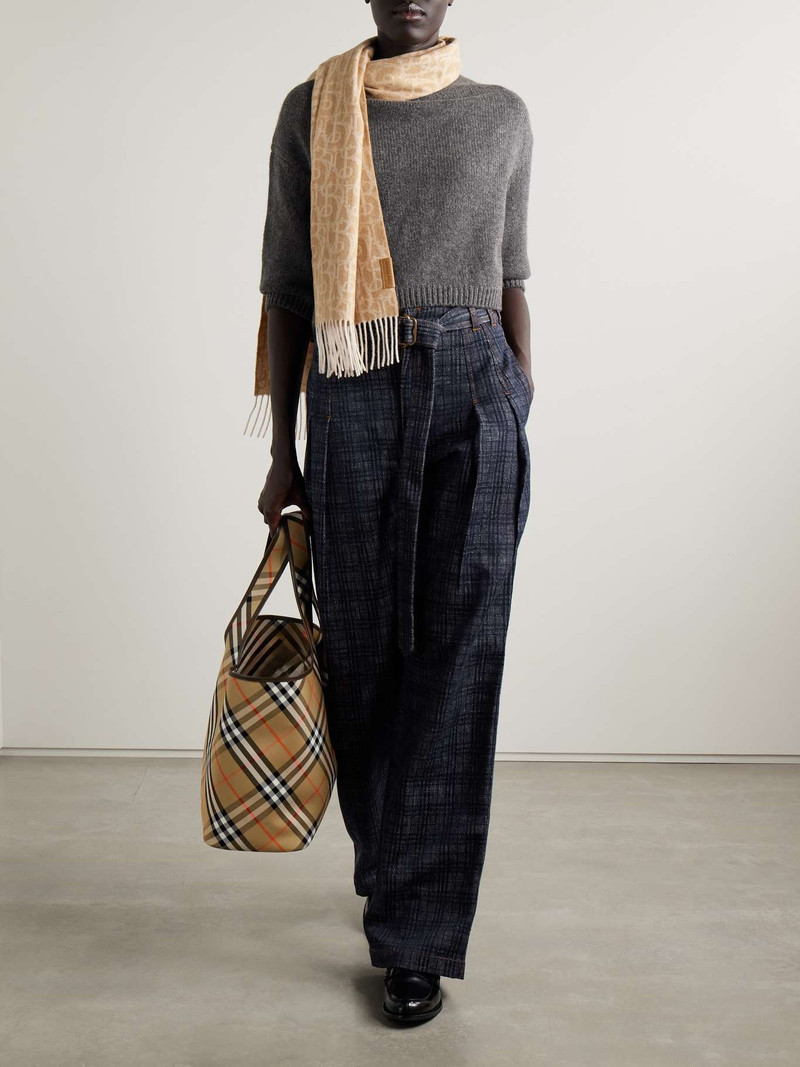 Burberry Belted pleated cotton-tweed wide-leg pants Navy outlook