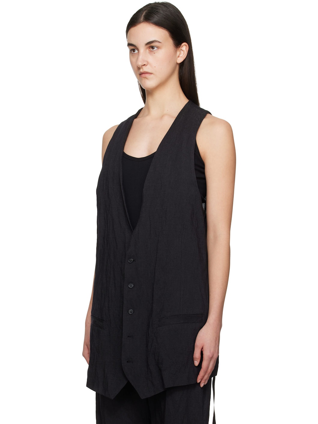Black Crinkled Metallic Tailoring Vest - 4