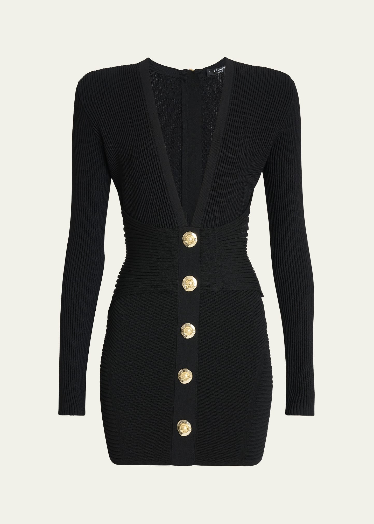 Buttoned Plunging Rib Knit Mini Dress - 1