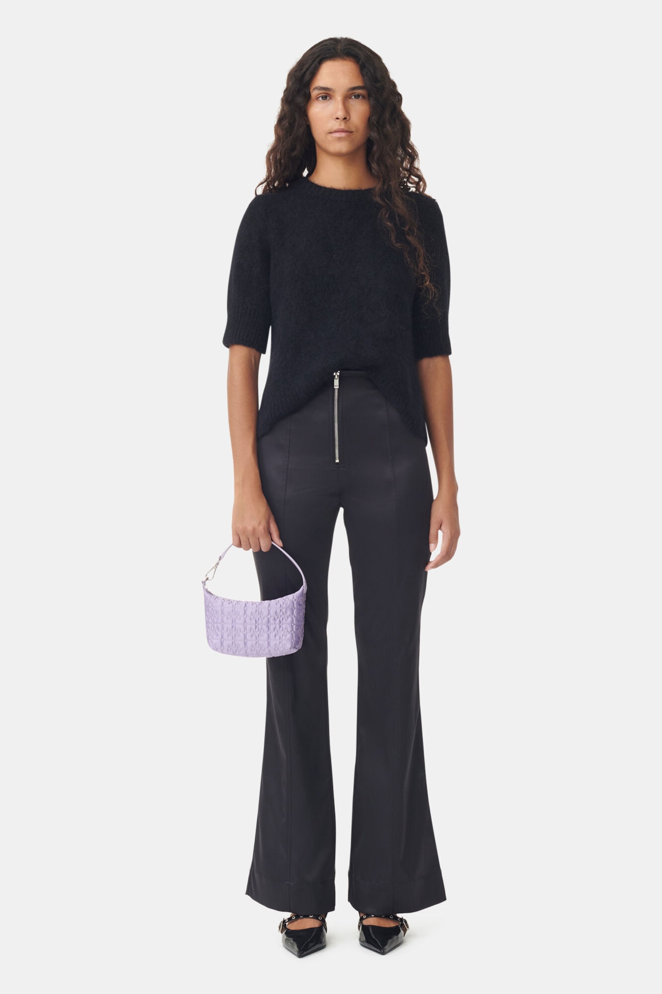 BLACK DOUBLE SATIN FLARED PANTS - 2