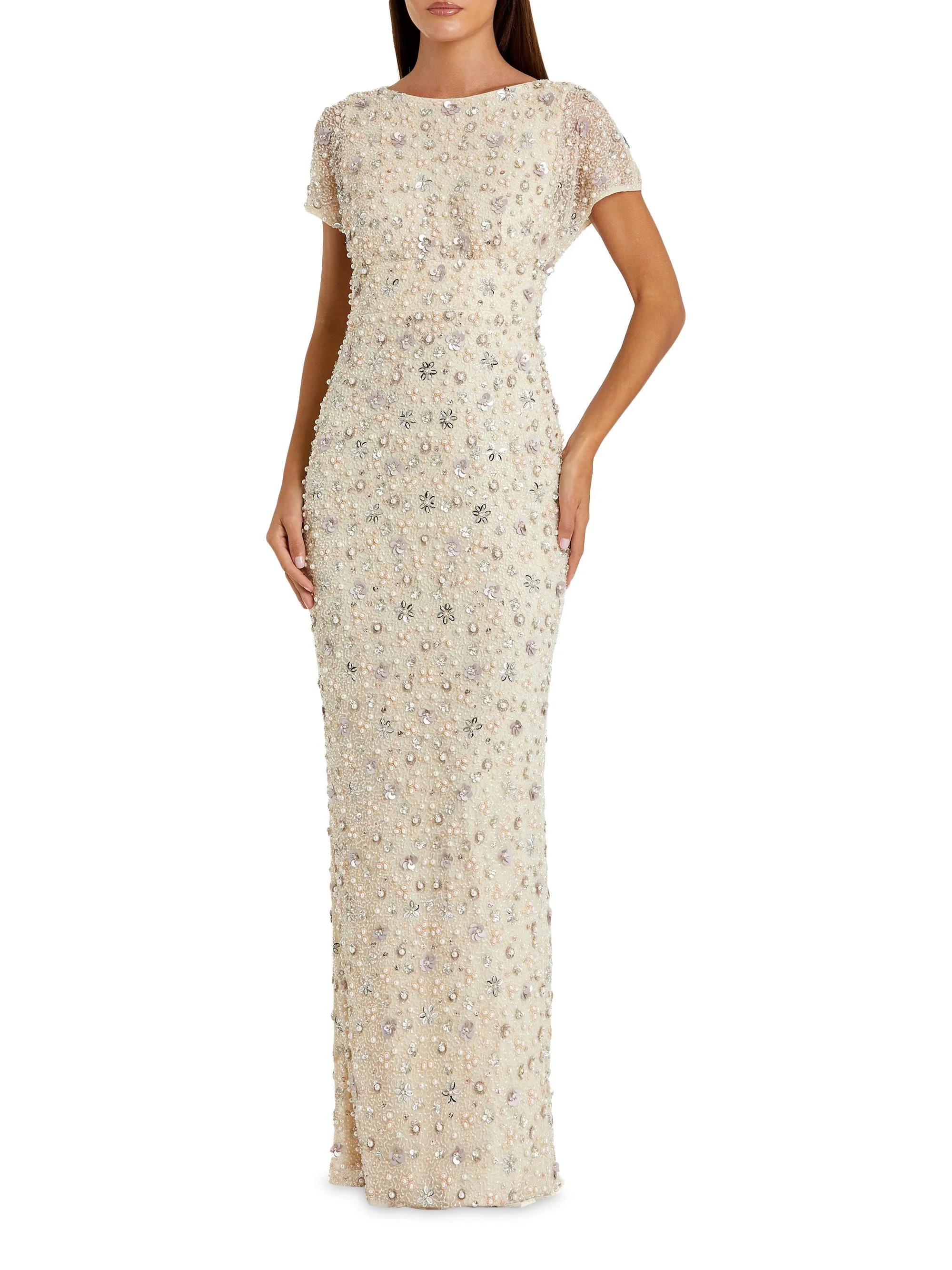 Women's Evening Floral Embellished Mesh Fitted Blouson Gown - Oyster - 1