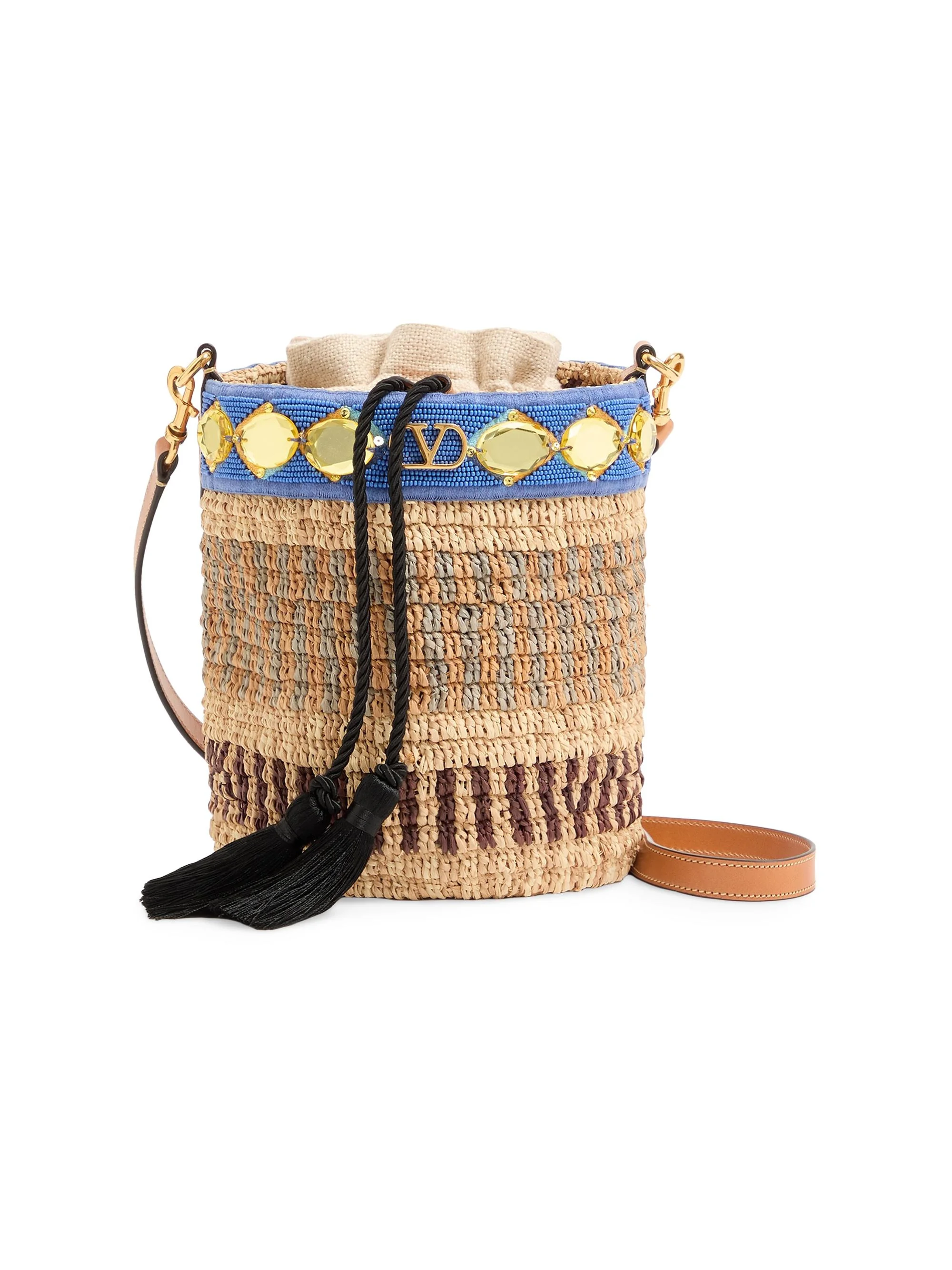 Women's Small Embroidered Bucket Bag in Raffia - Natural - 1