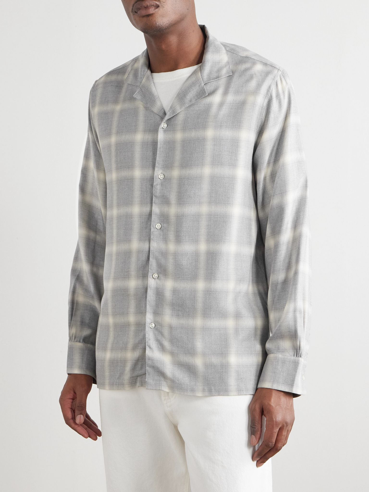 Eren Camp-Collar Checked Ramie Shirt Gray - 3