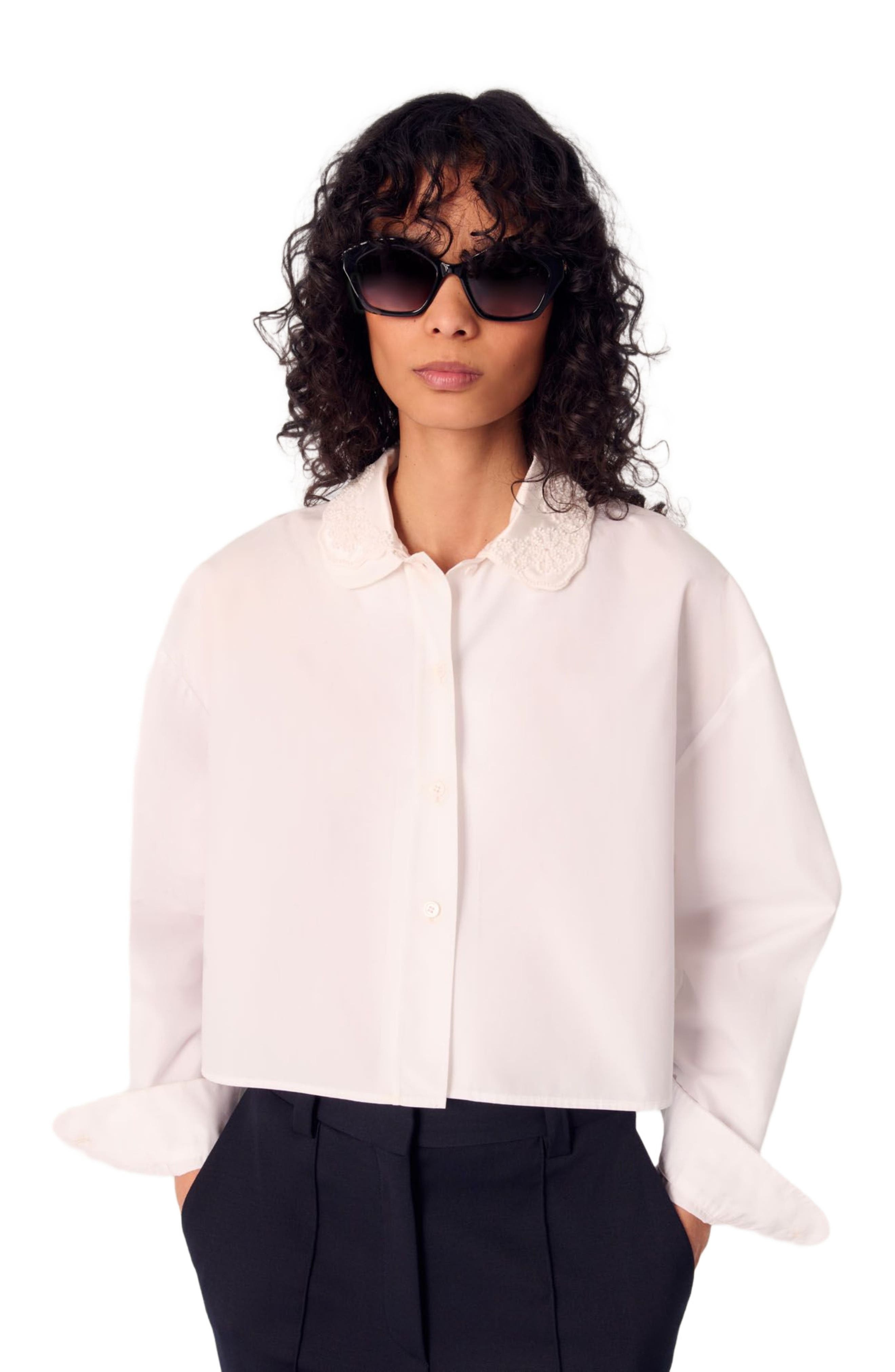 maje Short shirt with embroidered collar in White at Nordstrom - 1