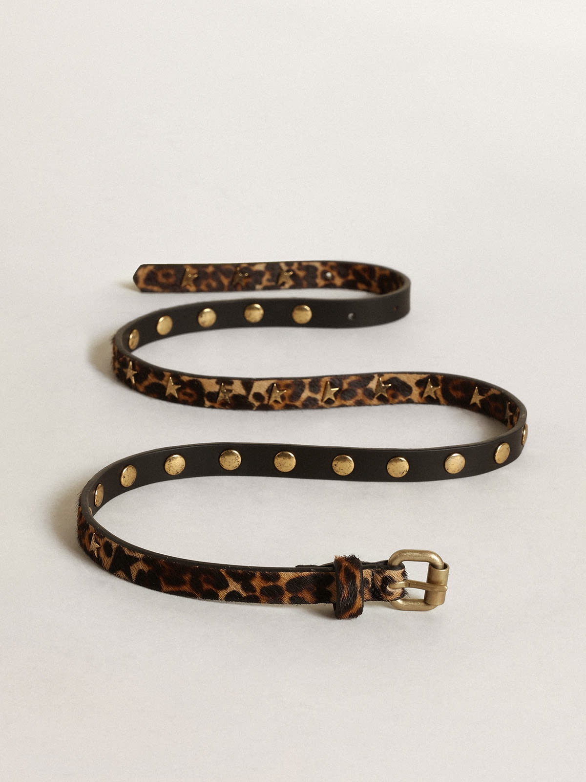 Women's belt in black and brown leopard print pony skin with studs - 4