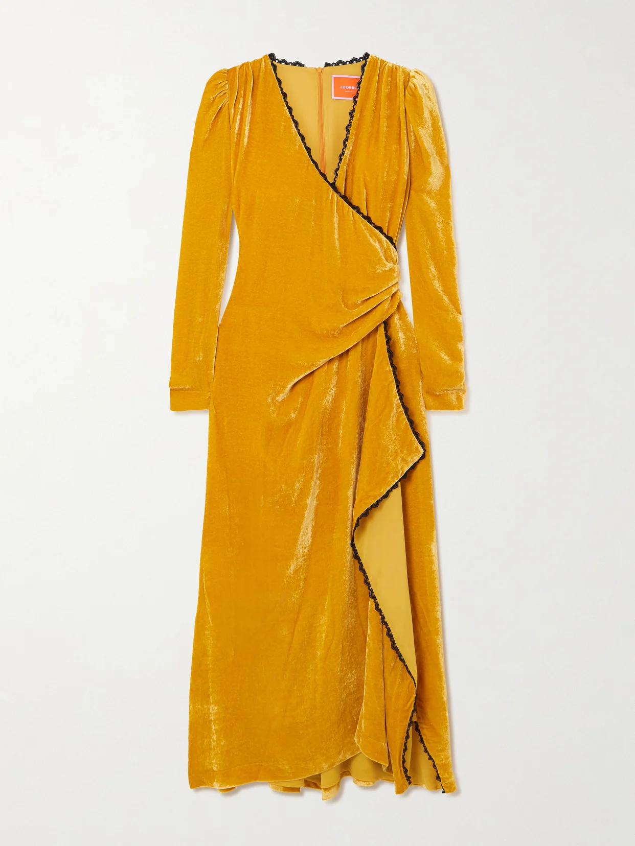 Wrap-effect Draped Lace-trimmed Velour Maxi Dress - 1