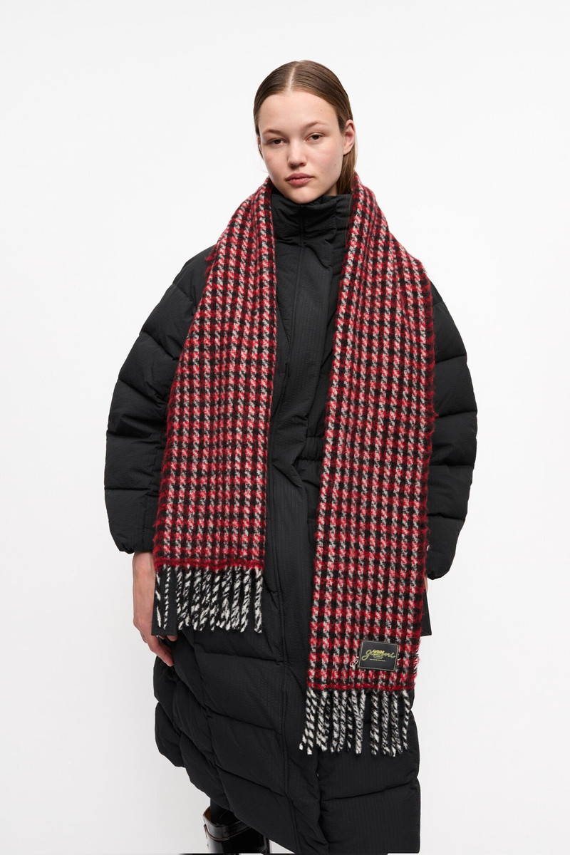 GANNI RED CHECK FRINGED SCARF outlook