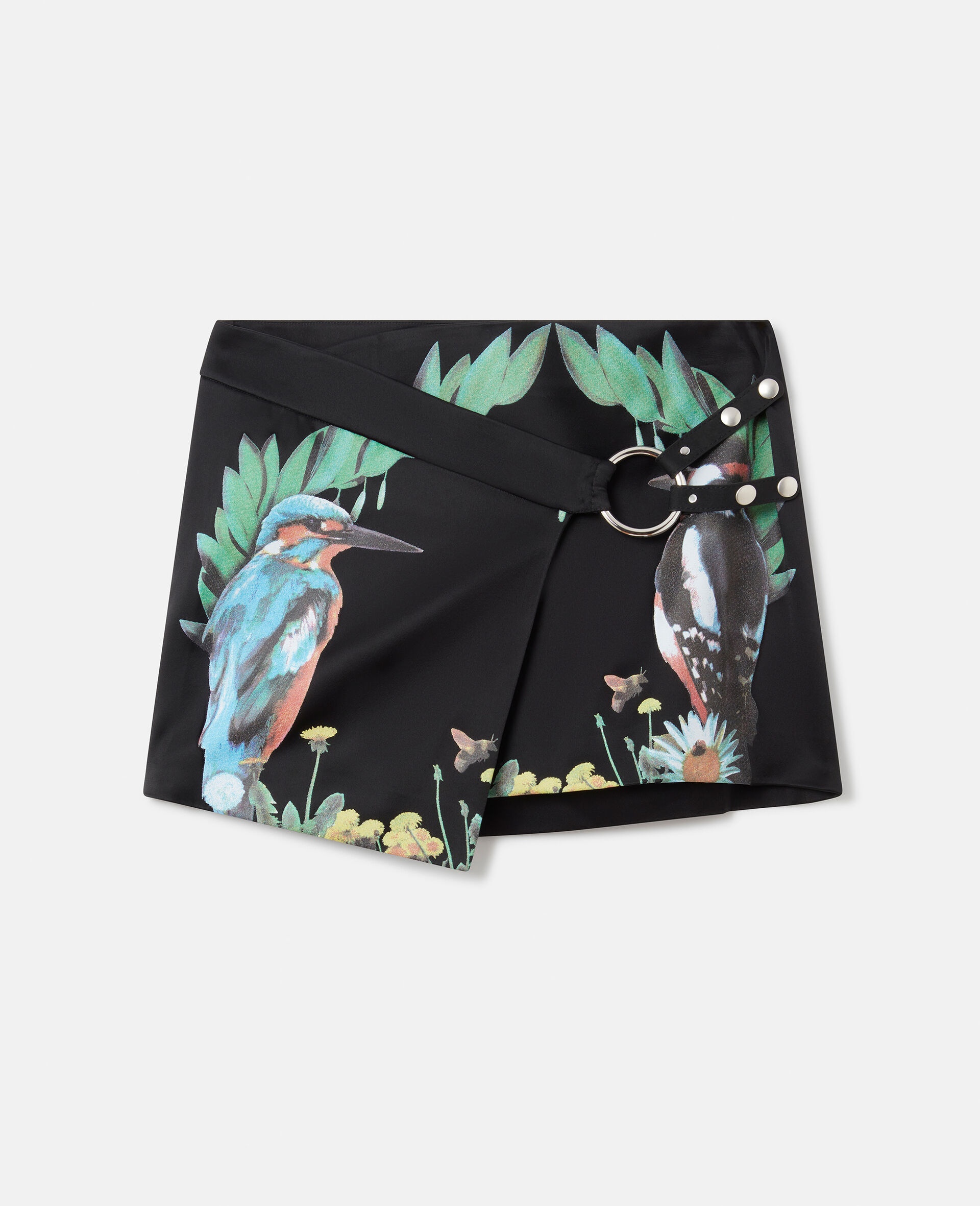 Bird Crest Print Satin Wrap Mini Skirt - 1