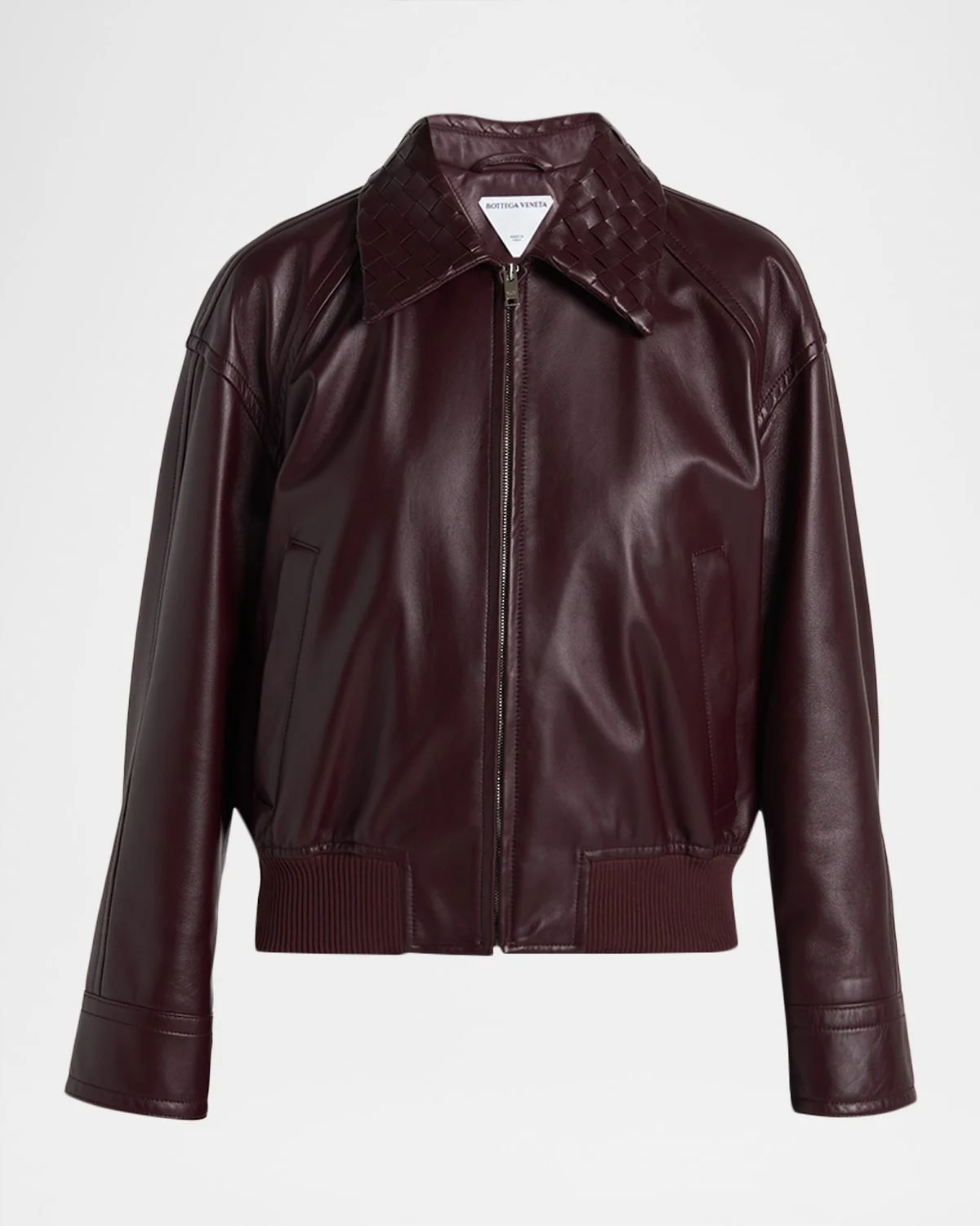 Intrecciato Collar Leather Bomber Jacket - 1