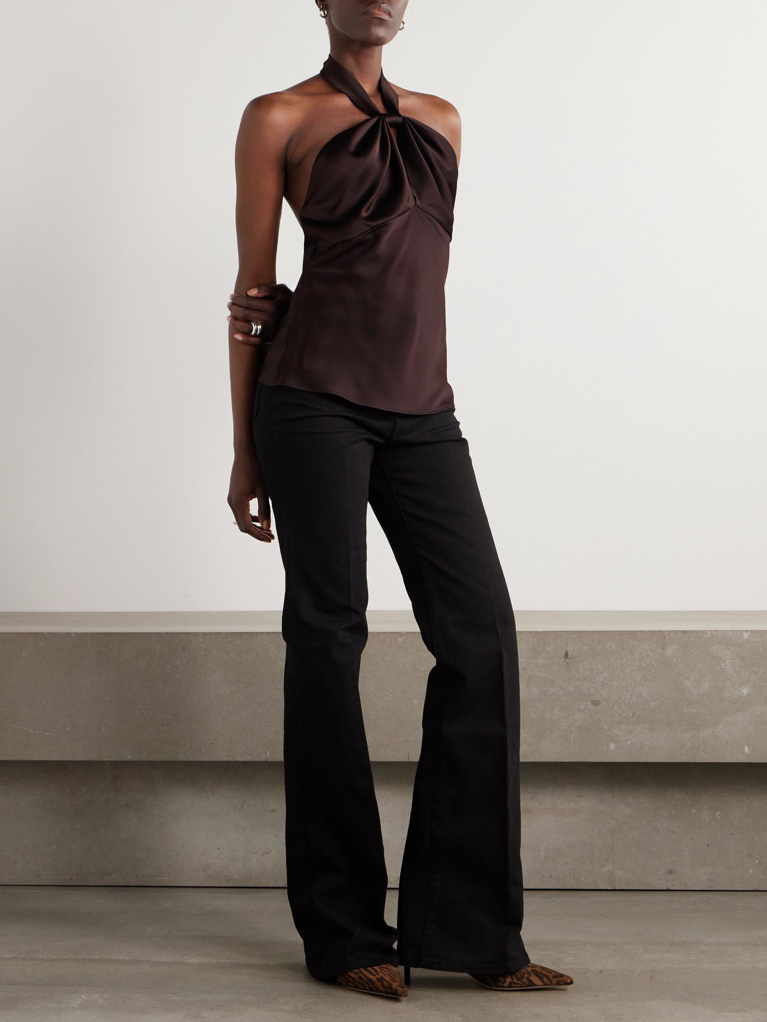 Cutout satin-crepe halterneck top Dark brown - 2