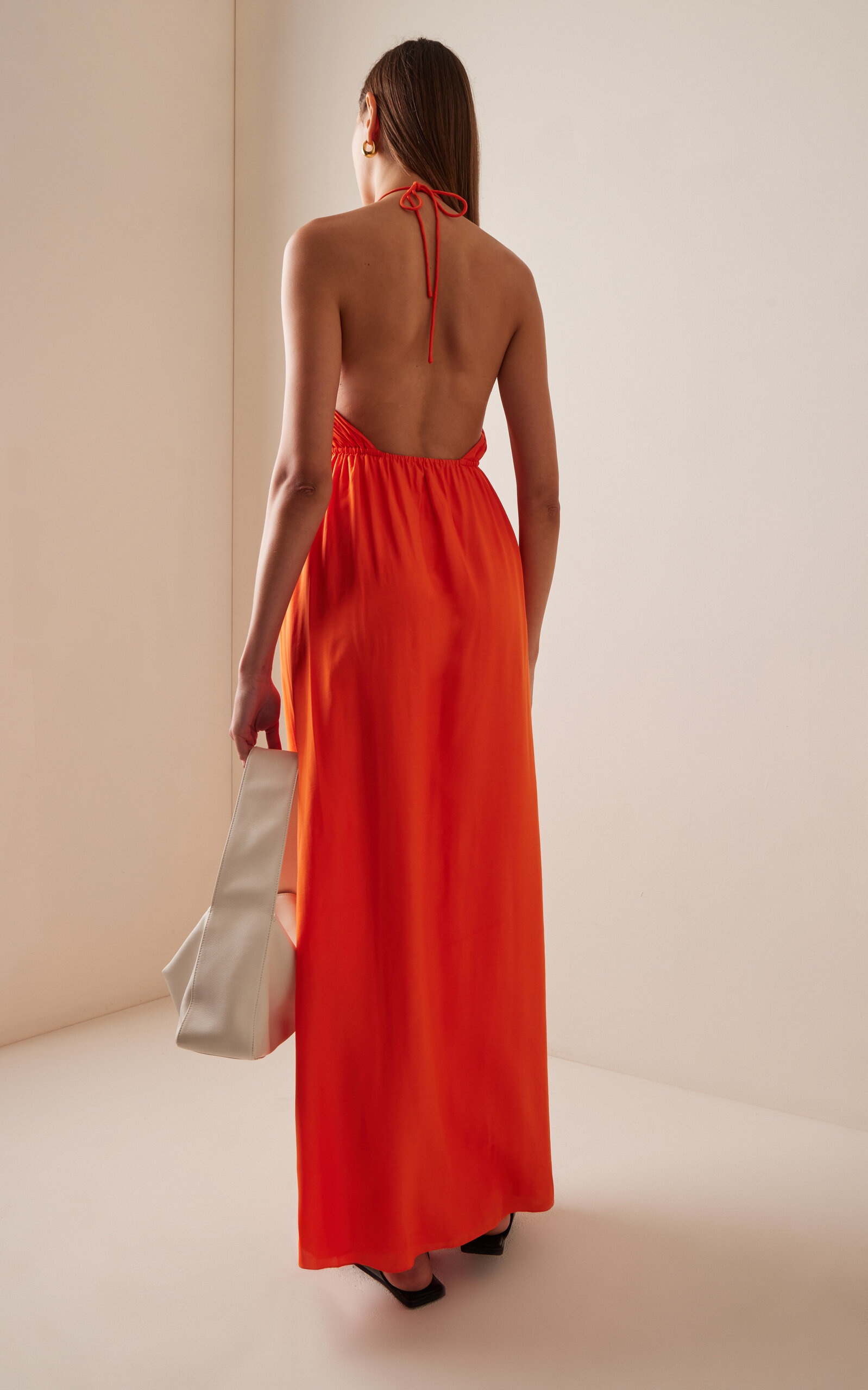 Oleander Gathered Satin Maxi Halter Dress orange - 4