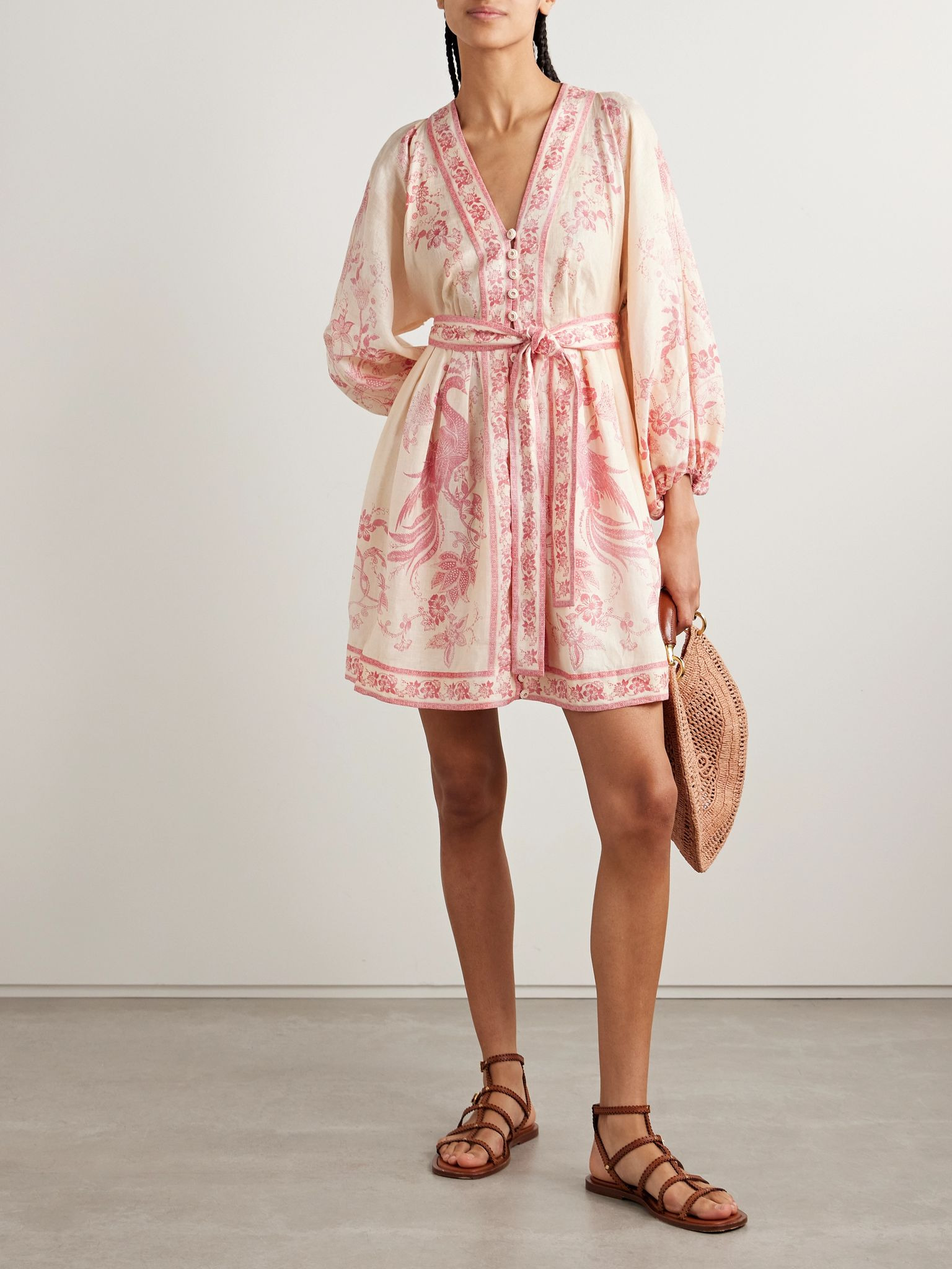 Lucky belted printed linen mini dress Pink - 2