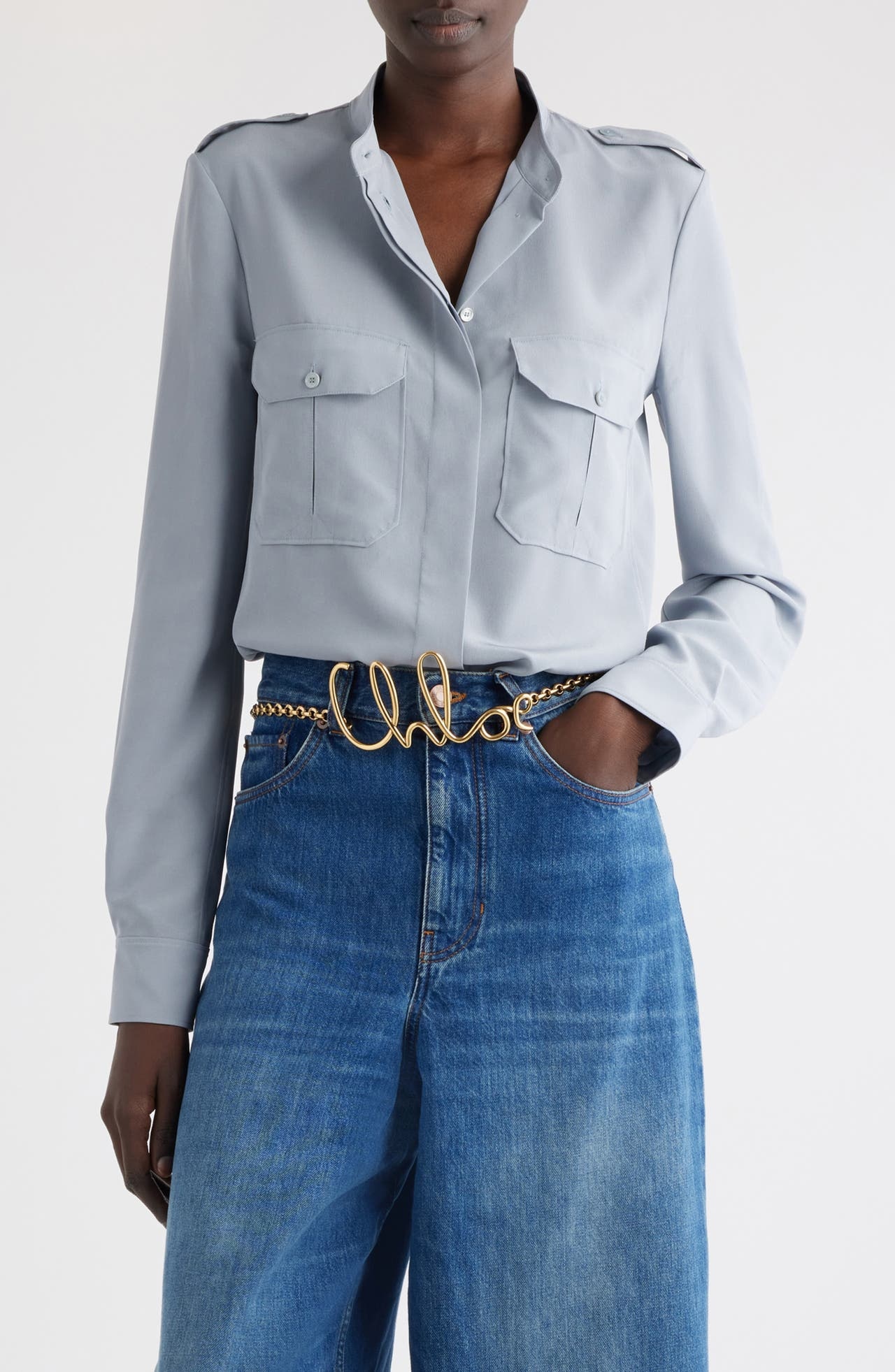 Chloé Military Style Silk Crepe Button-Up Shirt in Ash Blue at Nordstrom - 1