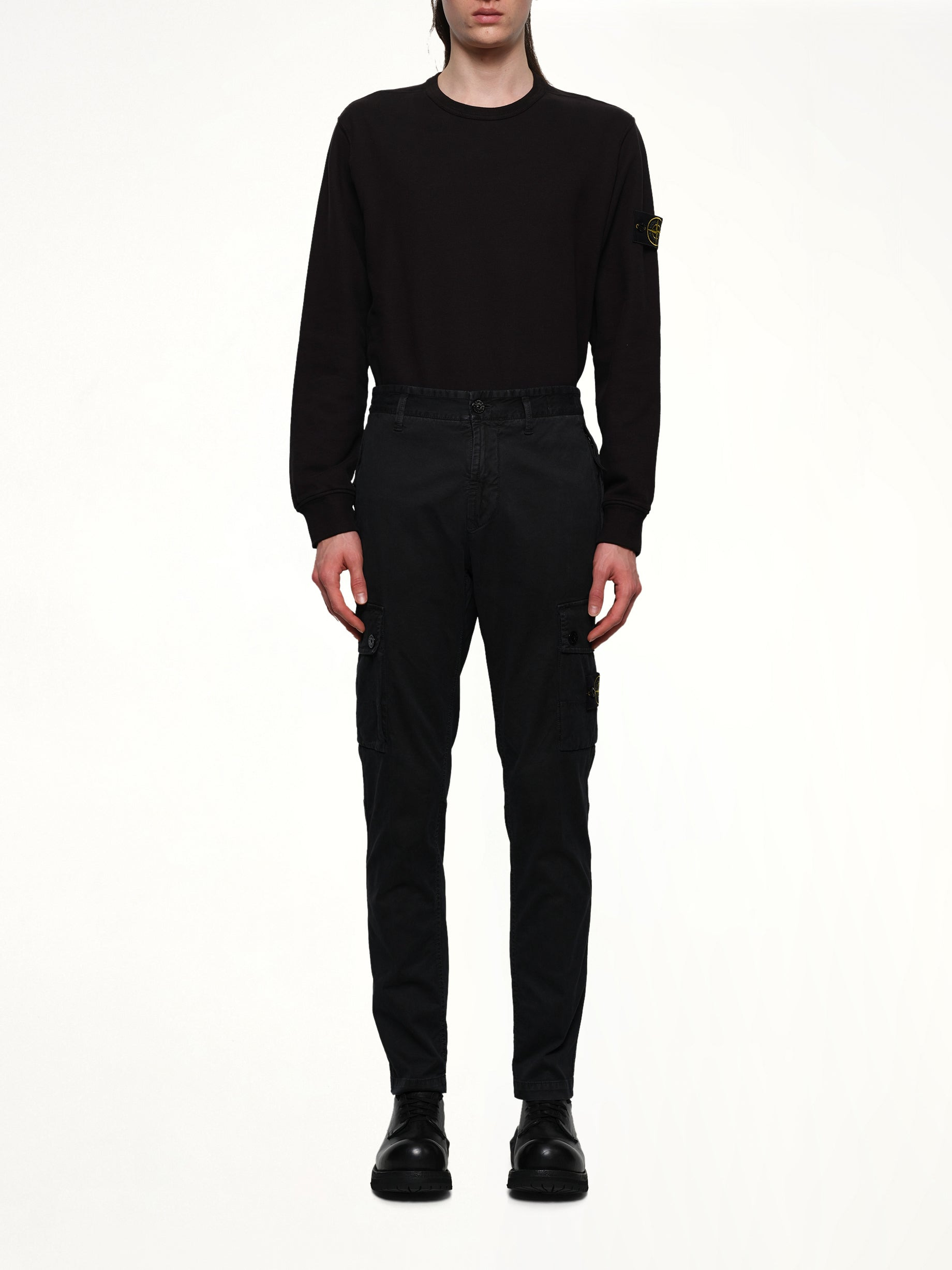 3100034 Stretch Organic Broken Twill Cotton 'Old' Effect Cargo Pants in Black - 7