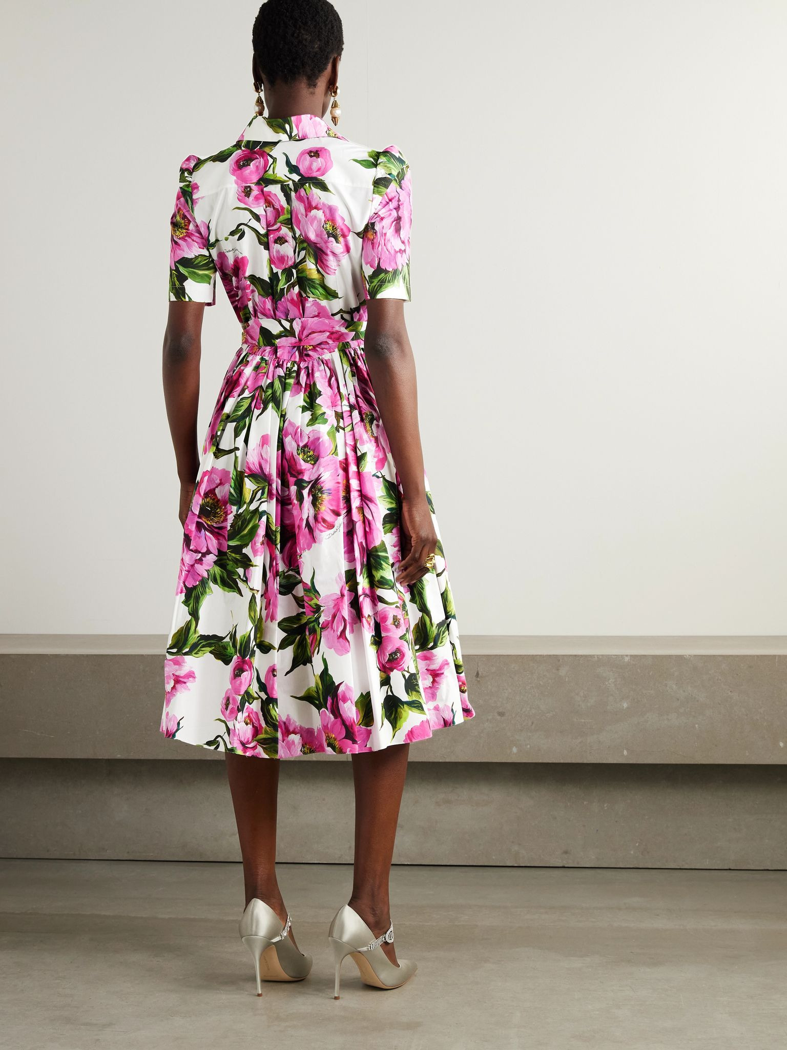 Belted pleated floral-print cotton-poplin midi shirt dress Pink - 3