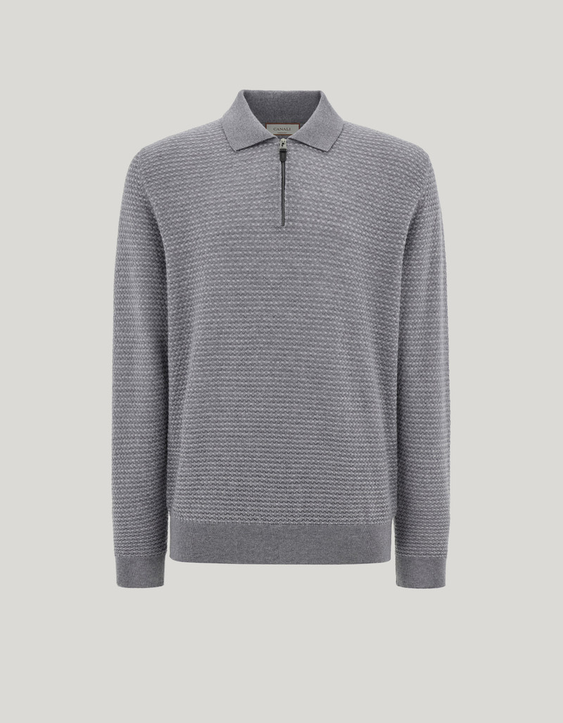 ZIP POLO IN LIGHT GRAY EXTRAFINE MERINO WOOL 1