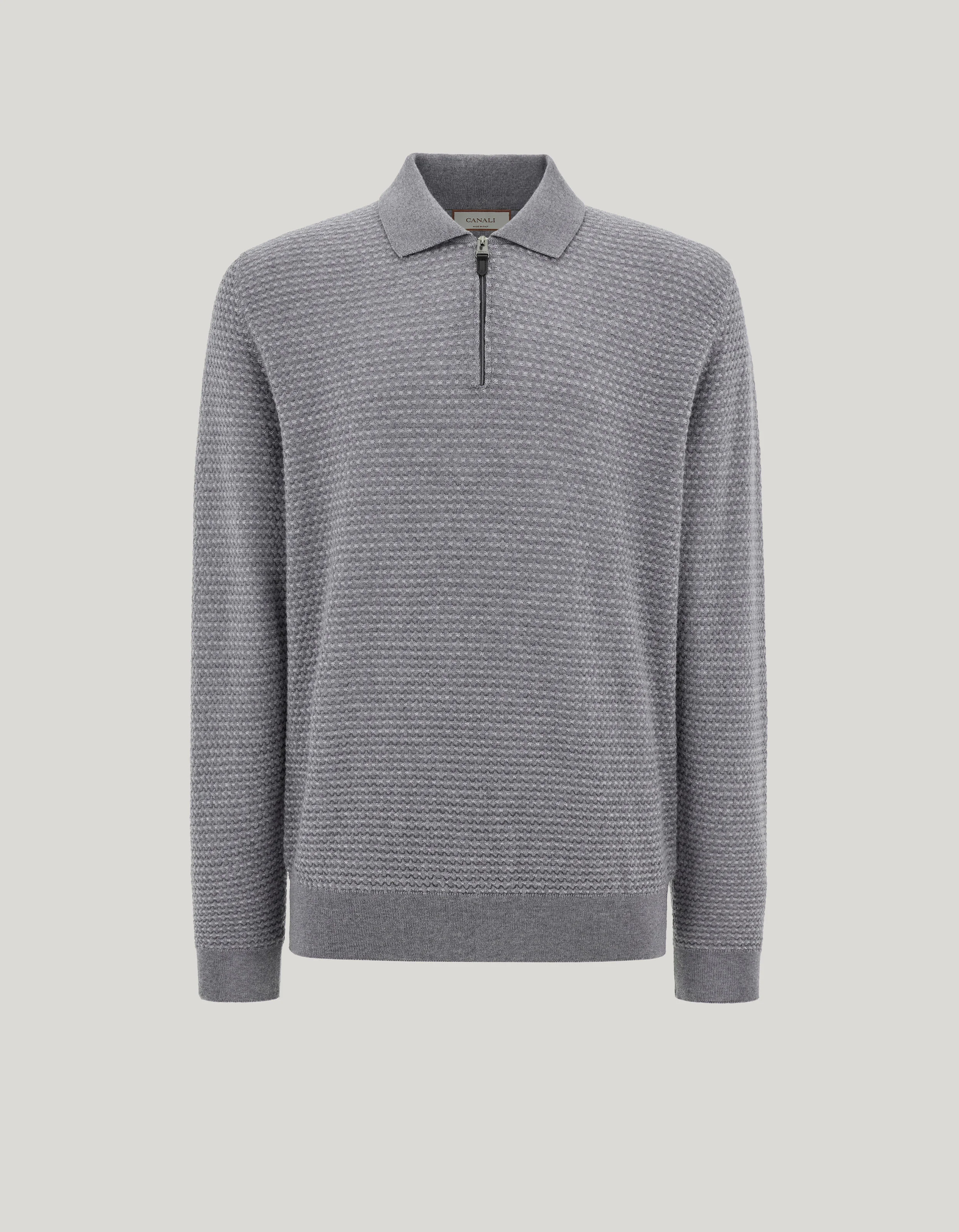 ZIP POLO IN LIGHT GRAY EXTRAFINE MERINO WOOL - 1