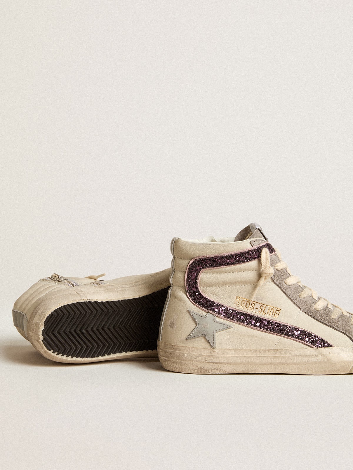 Slide with gray leather star and wine-colored glitter flash - 3