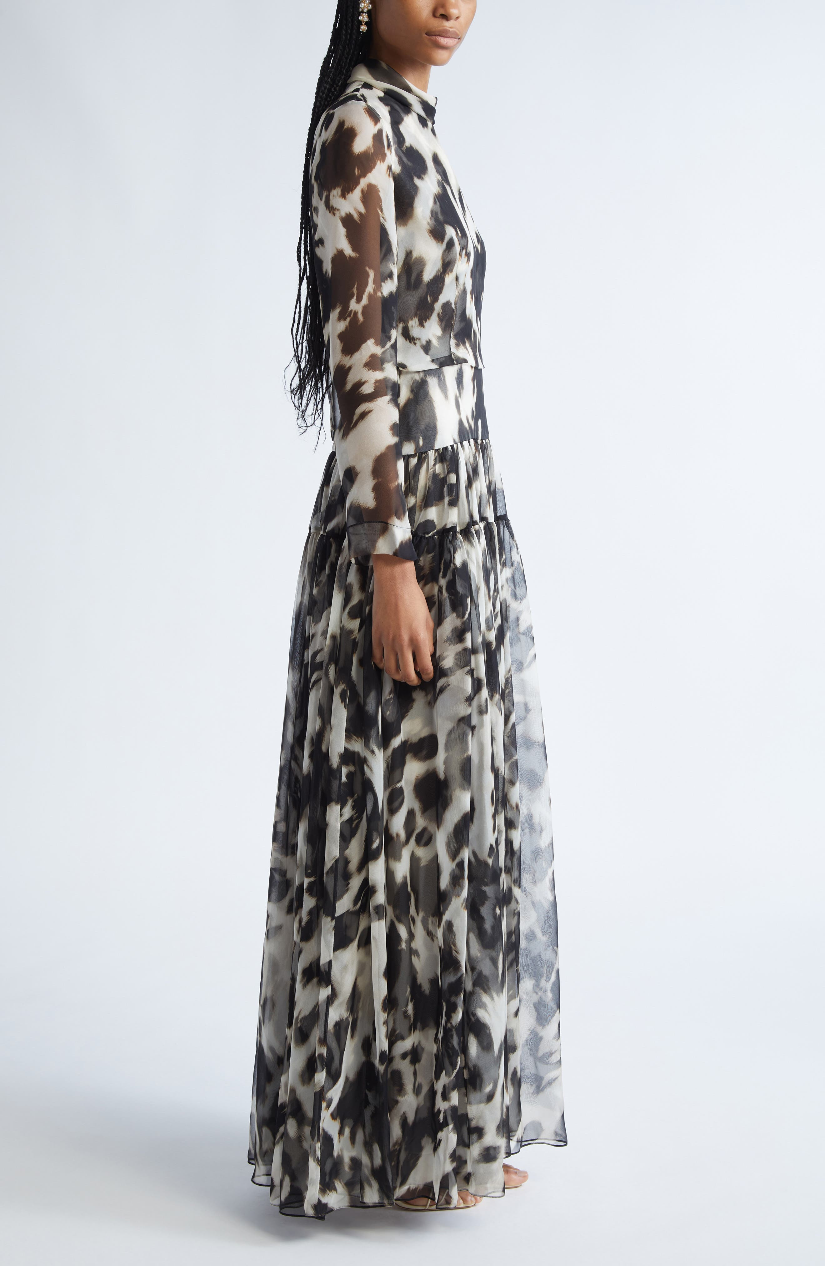 Oscar de la Renta Cow Print Long Sleeve Sheer Silk Dress in Ecru/Black at Nordstrom - 3