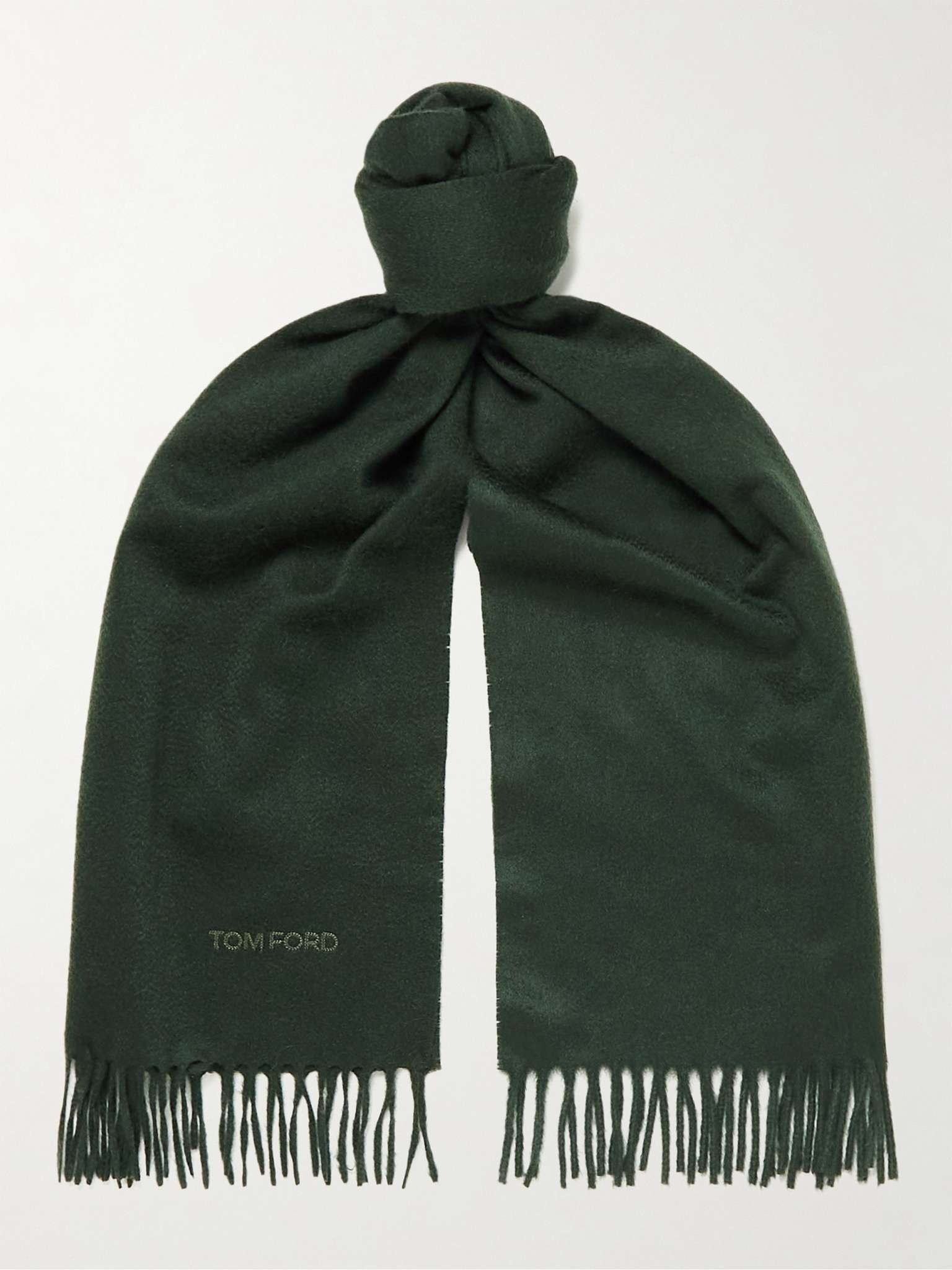 Logo-Embroidered Fringed Cashmere Scarf - 1