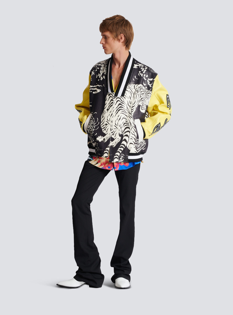 Balmain Leather varsity jacket with Tiger print outlook