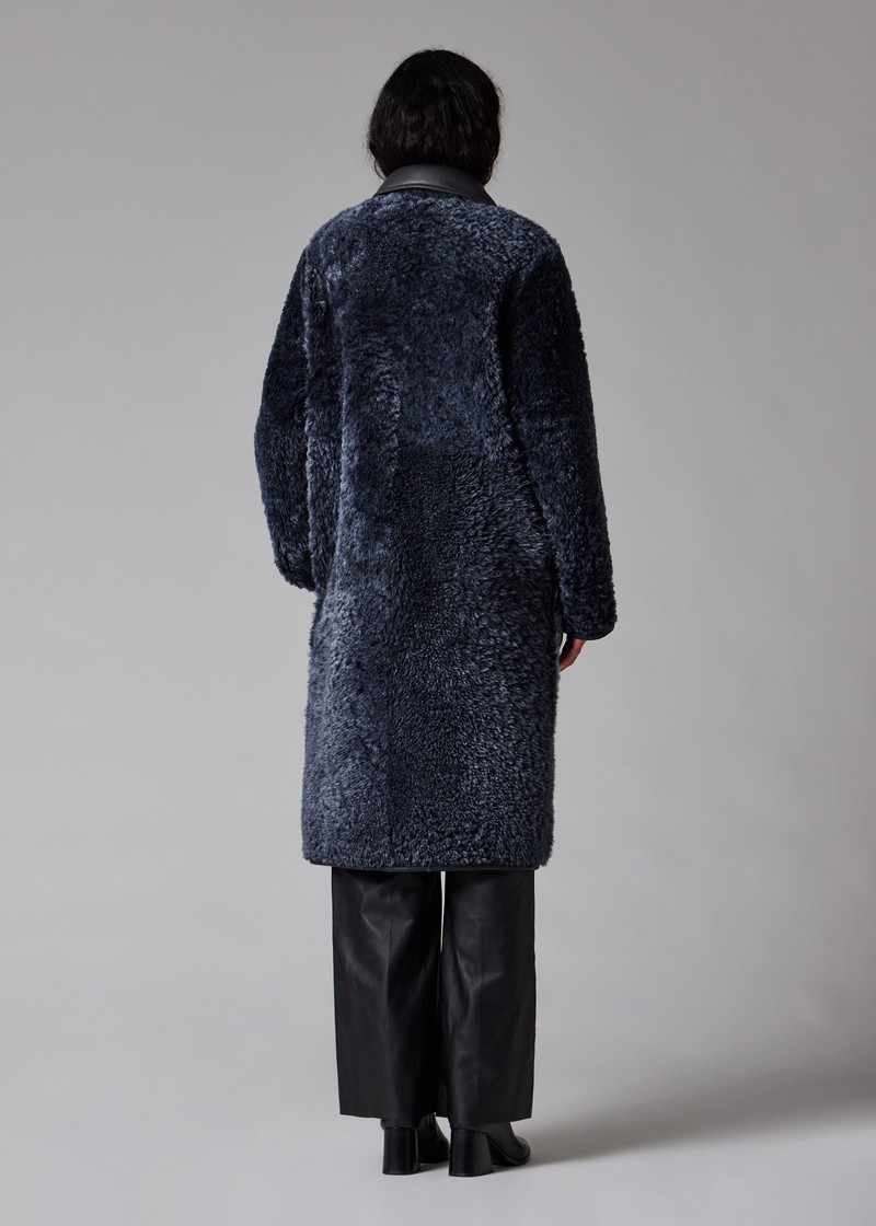 Women's Navy Reversible Leather and Shearling Coat 15